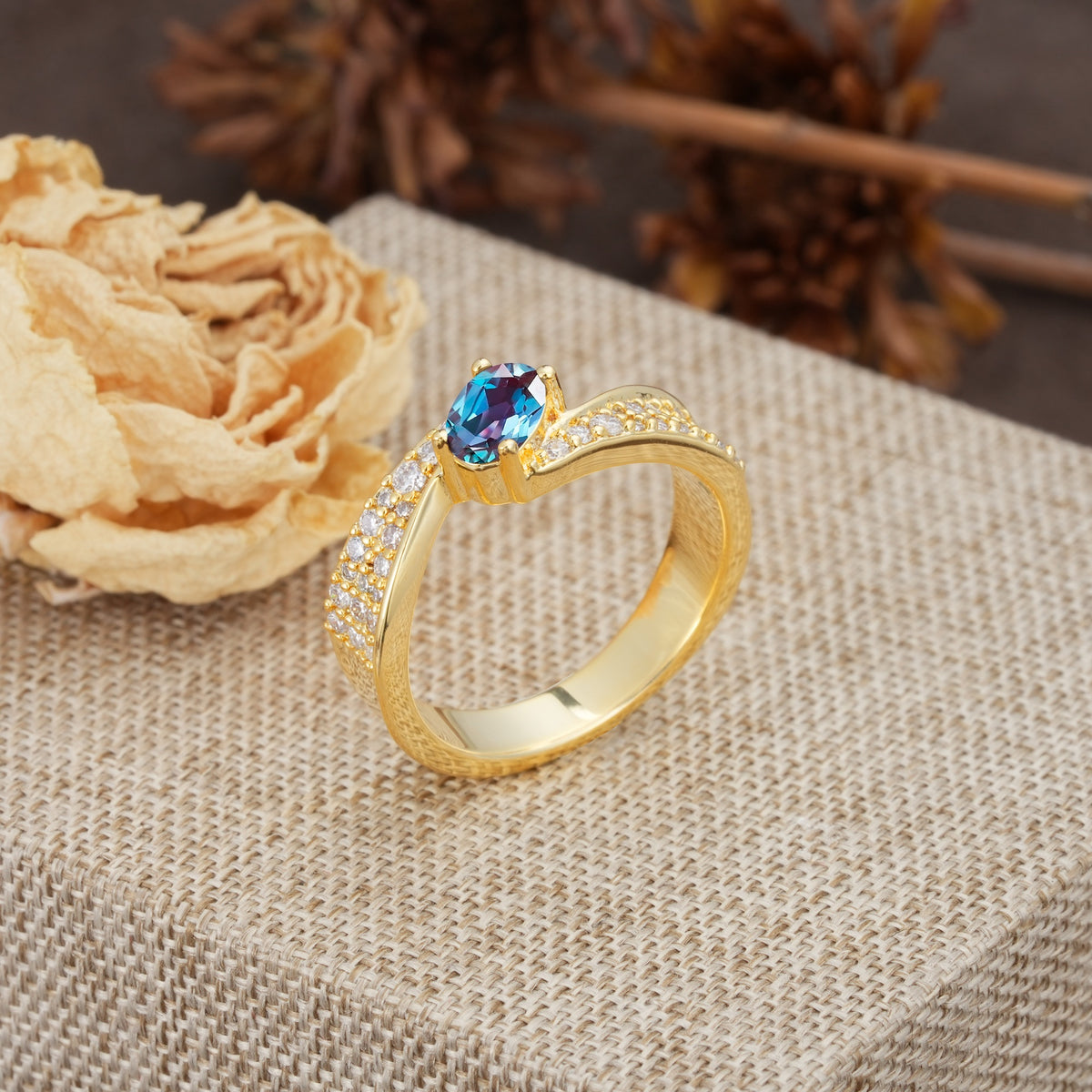 Vintage-Luxury 4-Prong Oval Cut with Pavé Accents Alexandrite Engagement Ring - Additional view