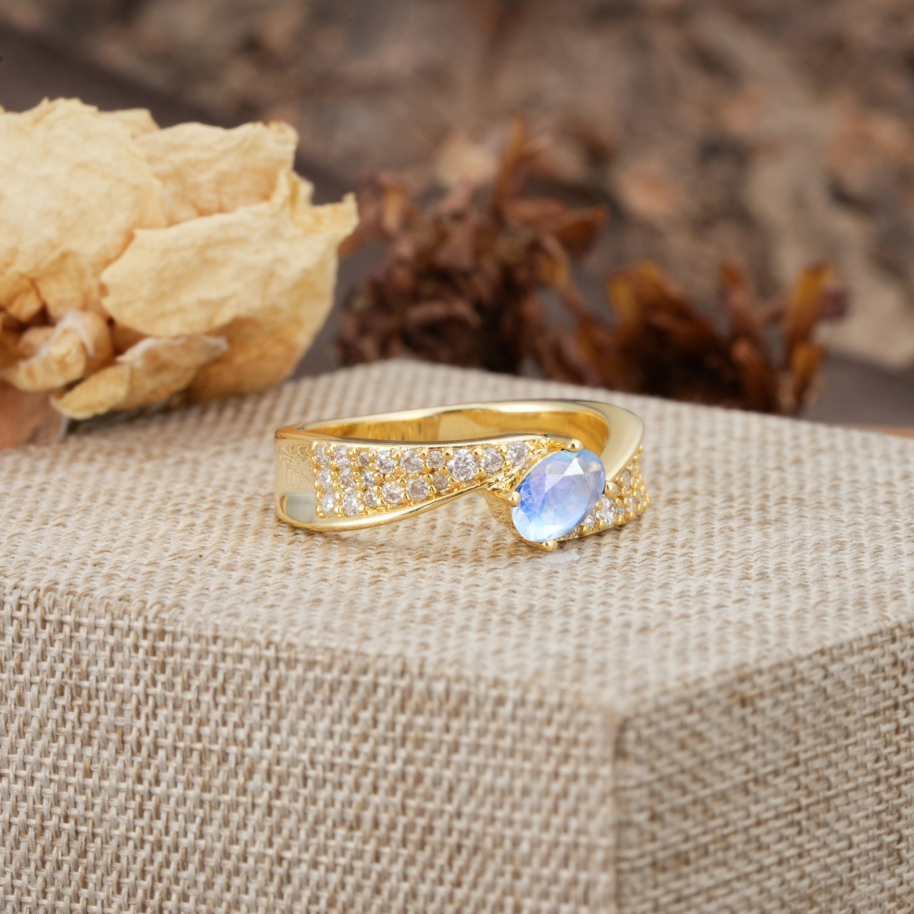Vintage-Luxury 4-Prong Oval Cut with Pavé Accents Moonstone Engagement Ring - Additional view