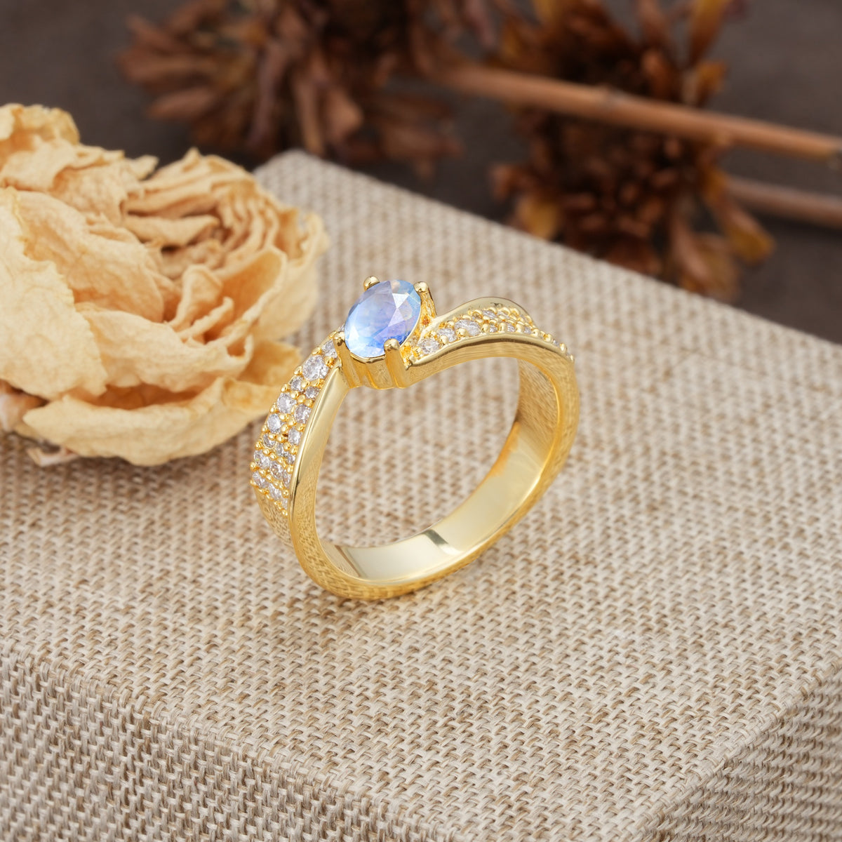 Vintage-Luxury 4-Prong Oval Cut with Pavé Accents Moonstone Engagement Ring - Additional view