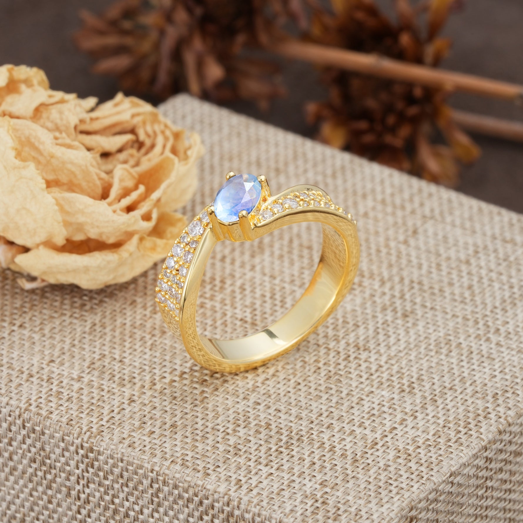 Vintage-Luxury 4-Prong Oval Cut with Pavé Accents Moonstone Engagement Ring - Additional view
