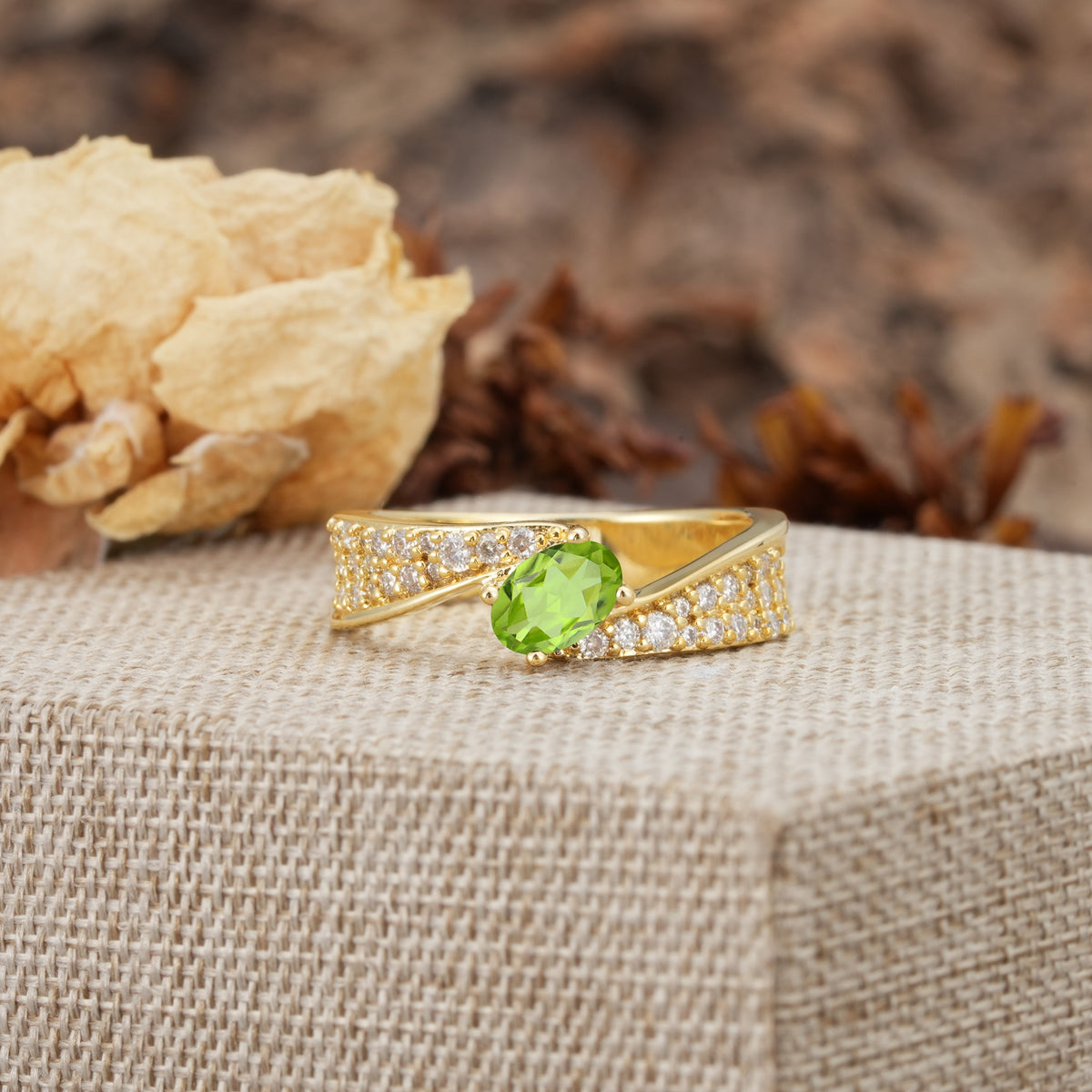 Vintage-Luxury 4-Prong Oval Cut with Pavé Accents Peridot Engagement Ring - Additional view