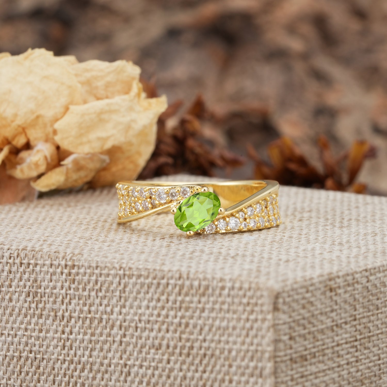 Vintage-Luxury 4-Prong Oval Cut with Pavé Accents Peridot Engagement Ring - Additional view