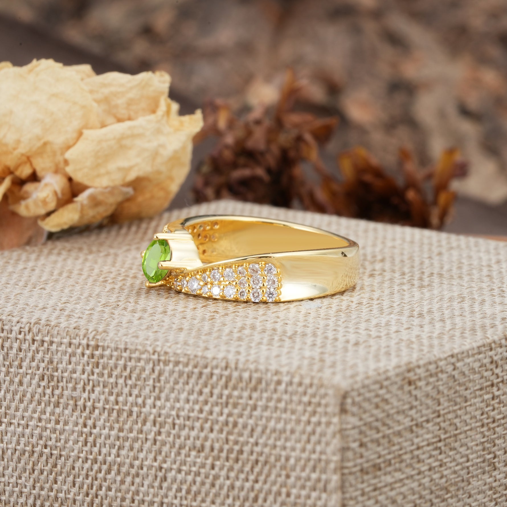Vintage-Luxury 4-Prong Oval Cut with Pavé Accents Peridot Engagement Ring - Additional view