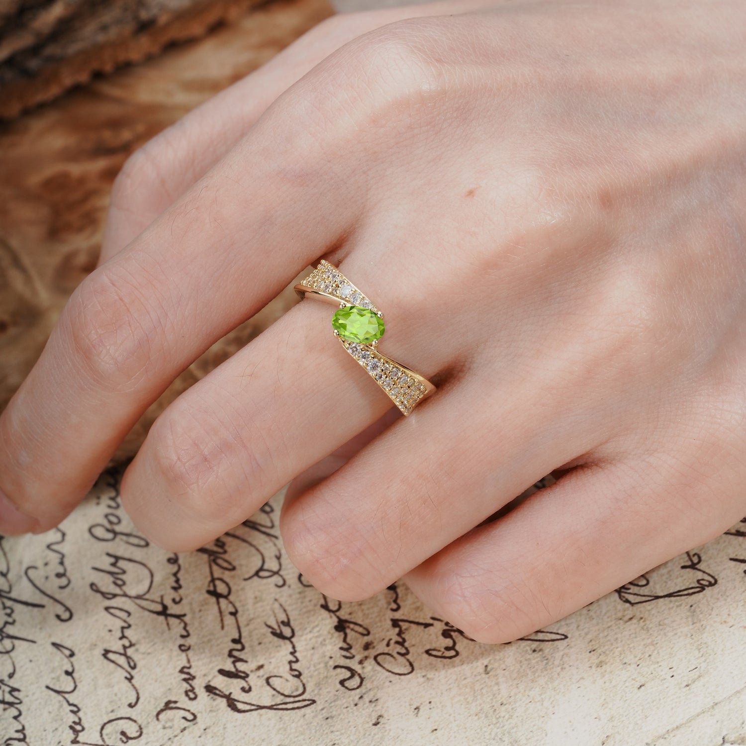 Vintage-Luxury 4-Prong Oval Cut with Pavé Accents Peridot Engagement Ring - Additional view
