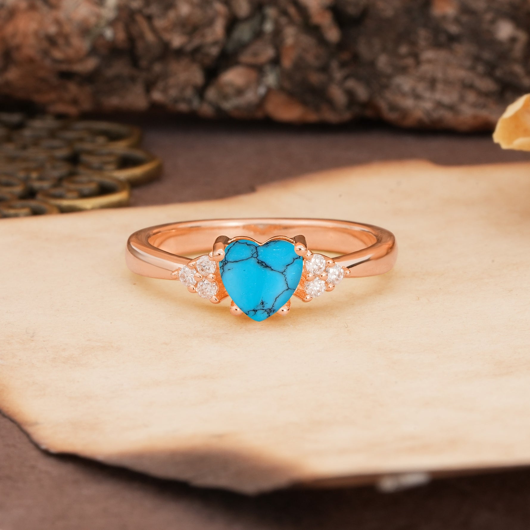 Unique, Minimalist 4-Prong Heart-Cut Turquoise Engagement Ring - Additional view