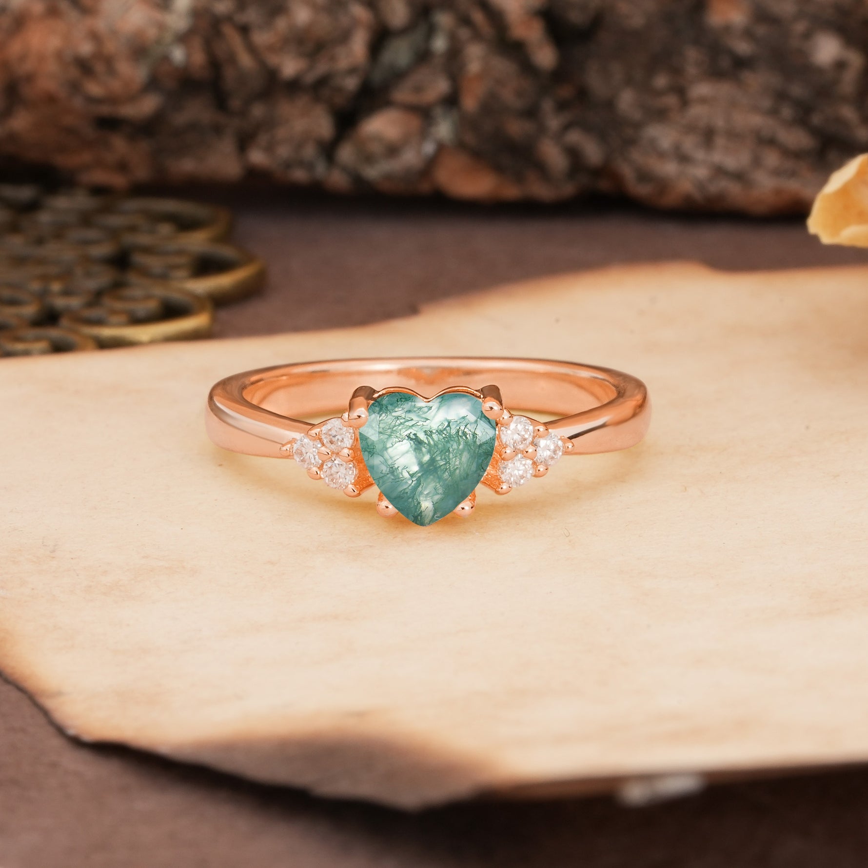 Unique, Minimalist 4-Prong Heart-Cut Moss Agate Engagement Ring - Additional view