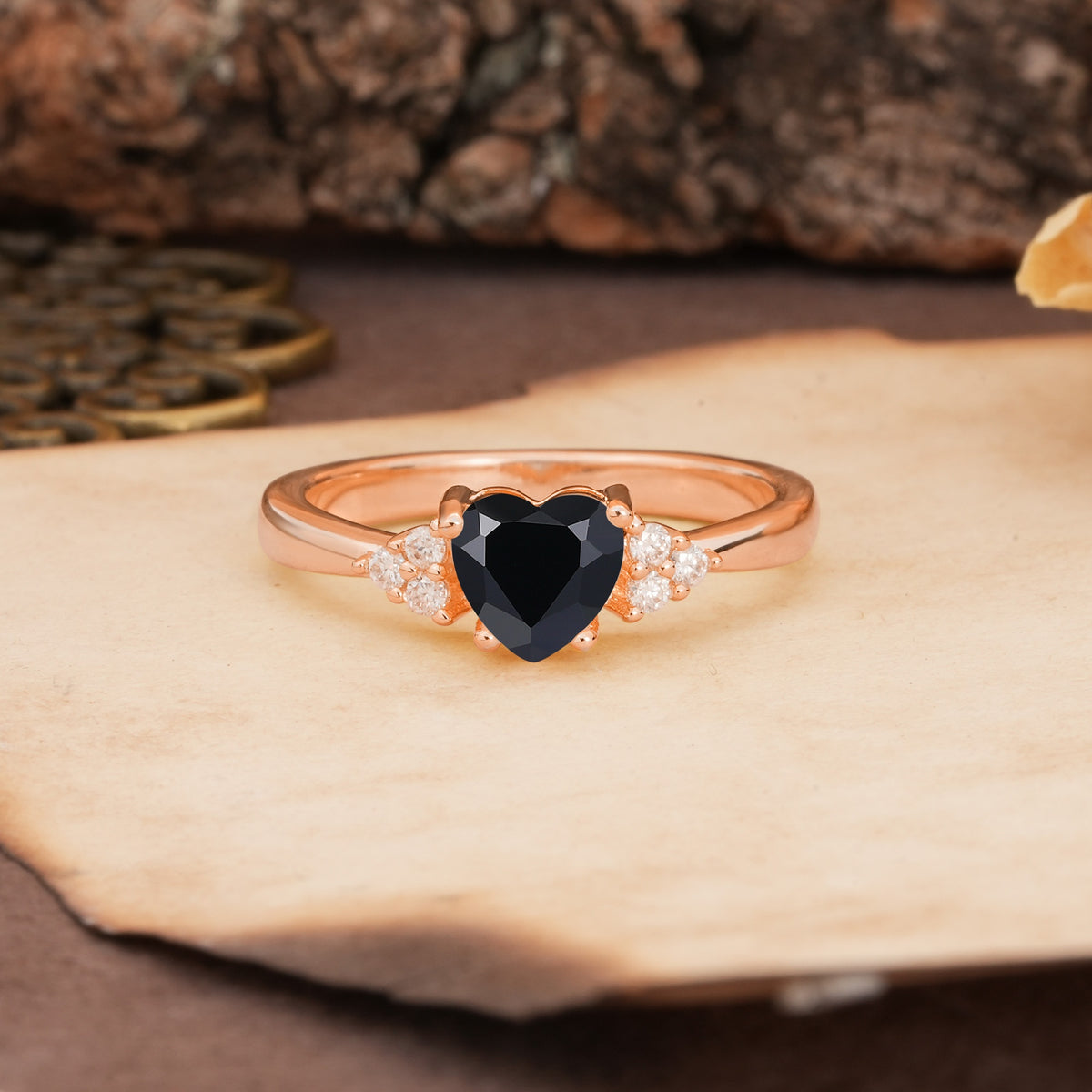 Unique, Minimalist 4-Prong Heart-Cut Black Onyx Engagement Ring - Additional view