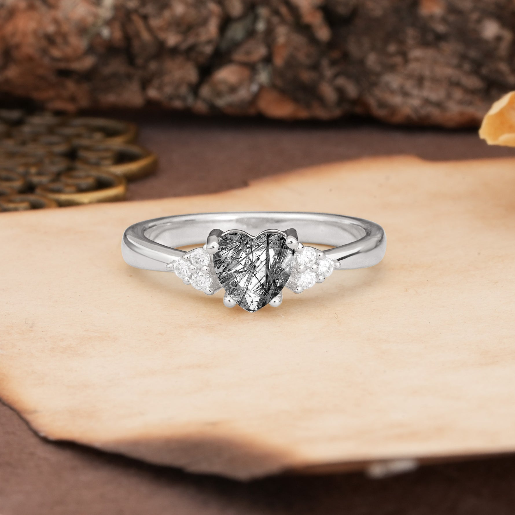 Unique, Minimalist 4-Prong Heart-Cut Black Rutilated Quartz Engagement Ring - Additional view