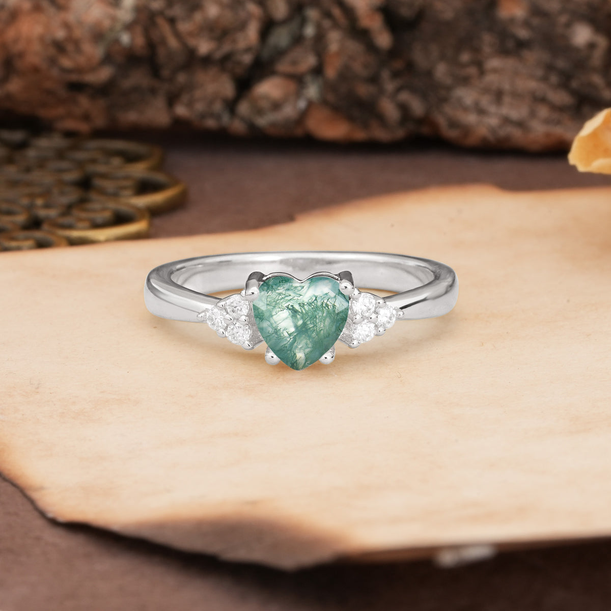 Unique, Minimalist 4-Prong Heart-Cut Moss Agate Engagement Ring - Additional view