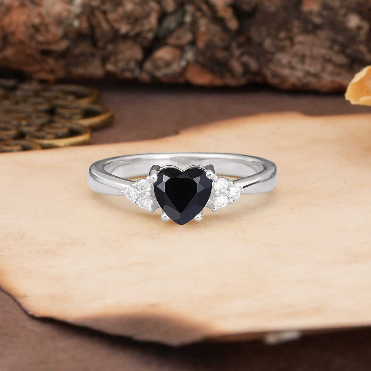 Unique, Minimalist 4-Prong Heart-Cut Black Onyx Engagement Ring - Additional view