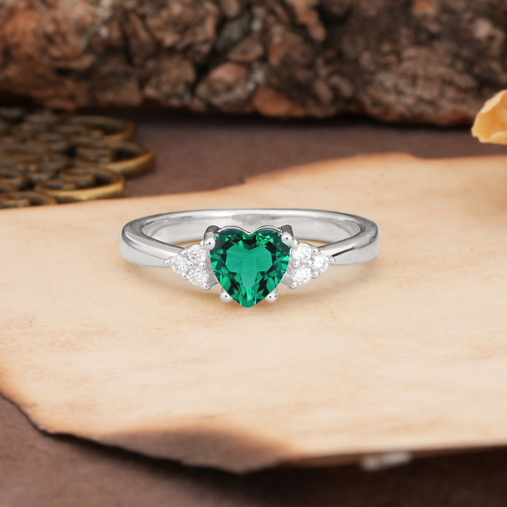 Unique, Minimalist 4-Prong Heart-Cut Emerald Engagement Ring - Additional view