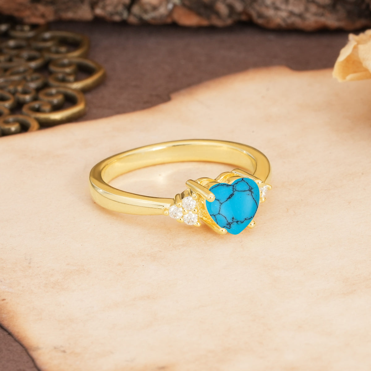 Unique, Minimalist 4-Prong Heart-Cut Turquoise Engagement Ring - Additional view