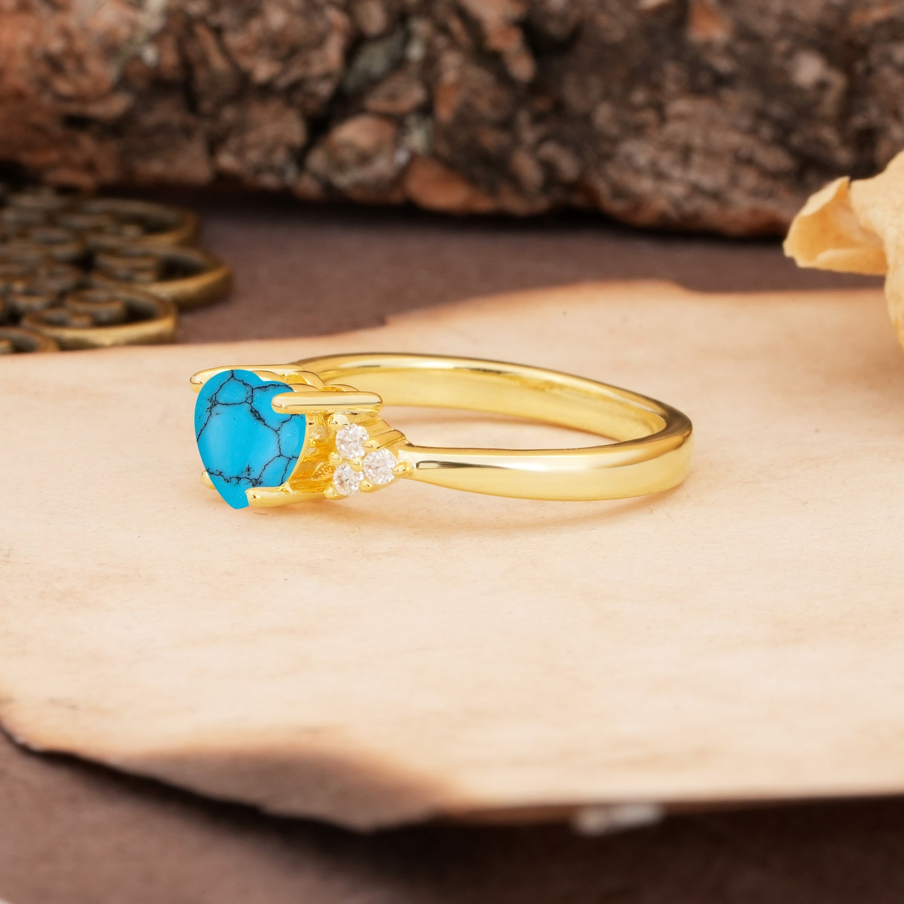 Unique, Minimalist 4-Prong Heart-Cut Turquoise Engagement Ring - Additional view