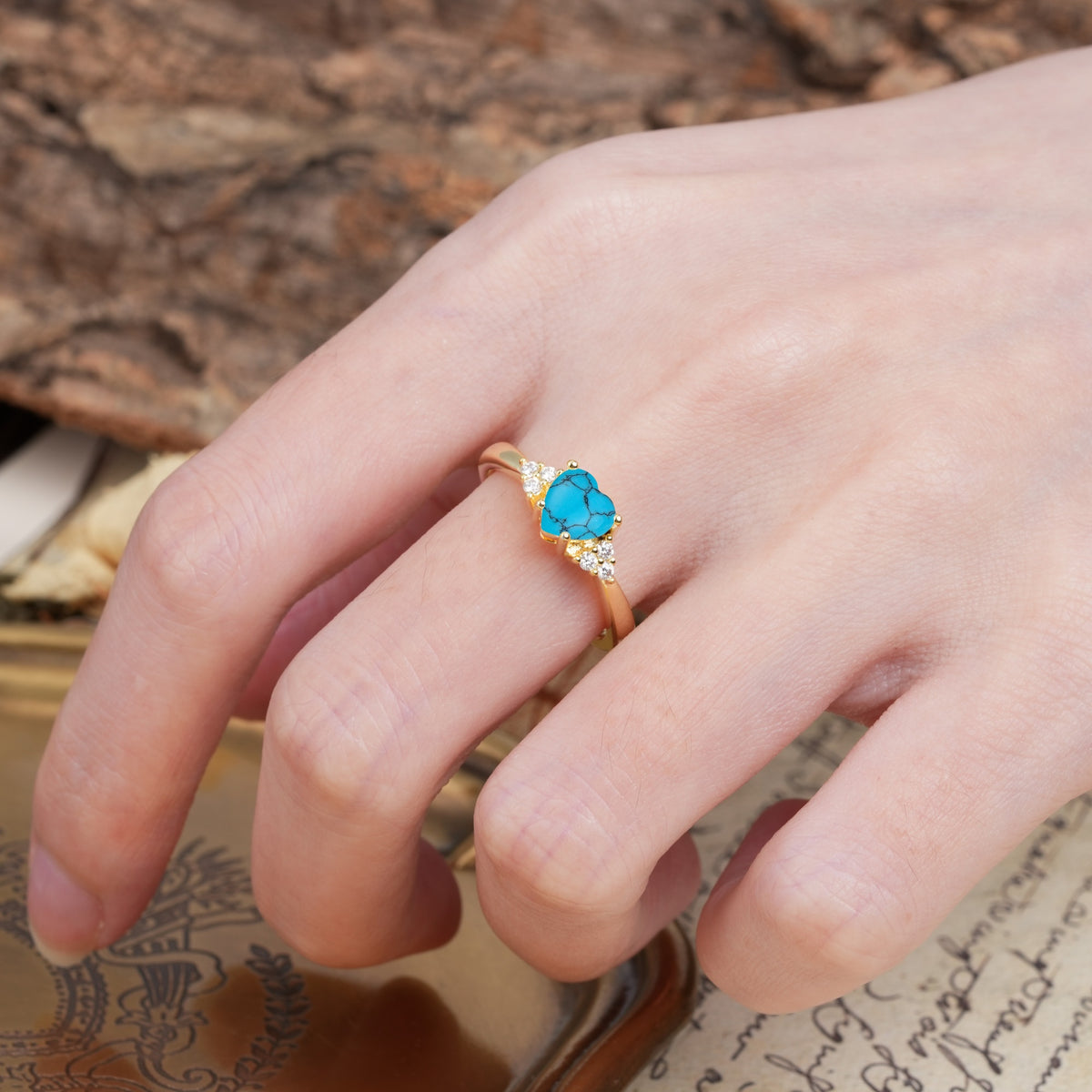 Unique, Minimalist 4-Prong Heart-Cut Turquoise Engagement Ring - Additional view