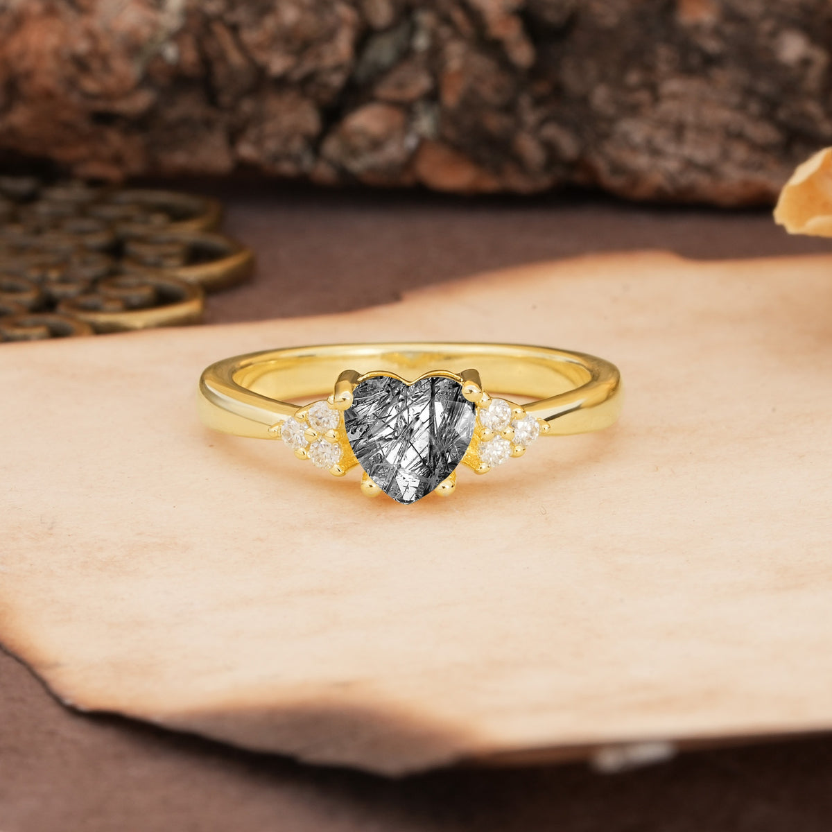 Unique, Minimalist 4-Prong Heart-Cut Black Rutilated Quartz Engagement Ring - Additional view