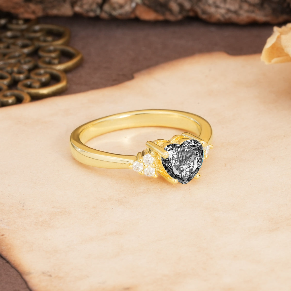 Unique, Minimalist 4-Prong Heart-Cut Black Rutilated Quartz Engagement Ring - Additional view