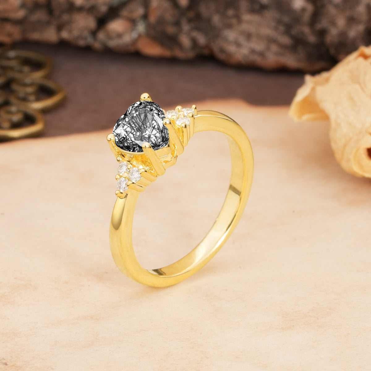 Unique, Minimalist 4-Prong Heart-Cut Black Rutilated Quartz Engagement Ring - Additional view