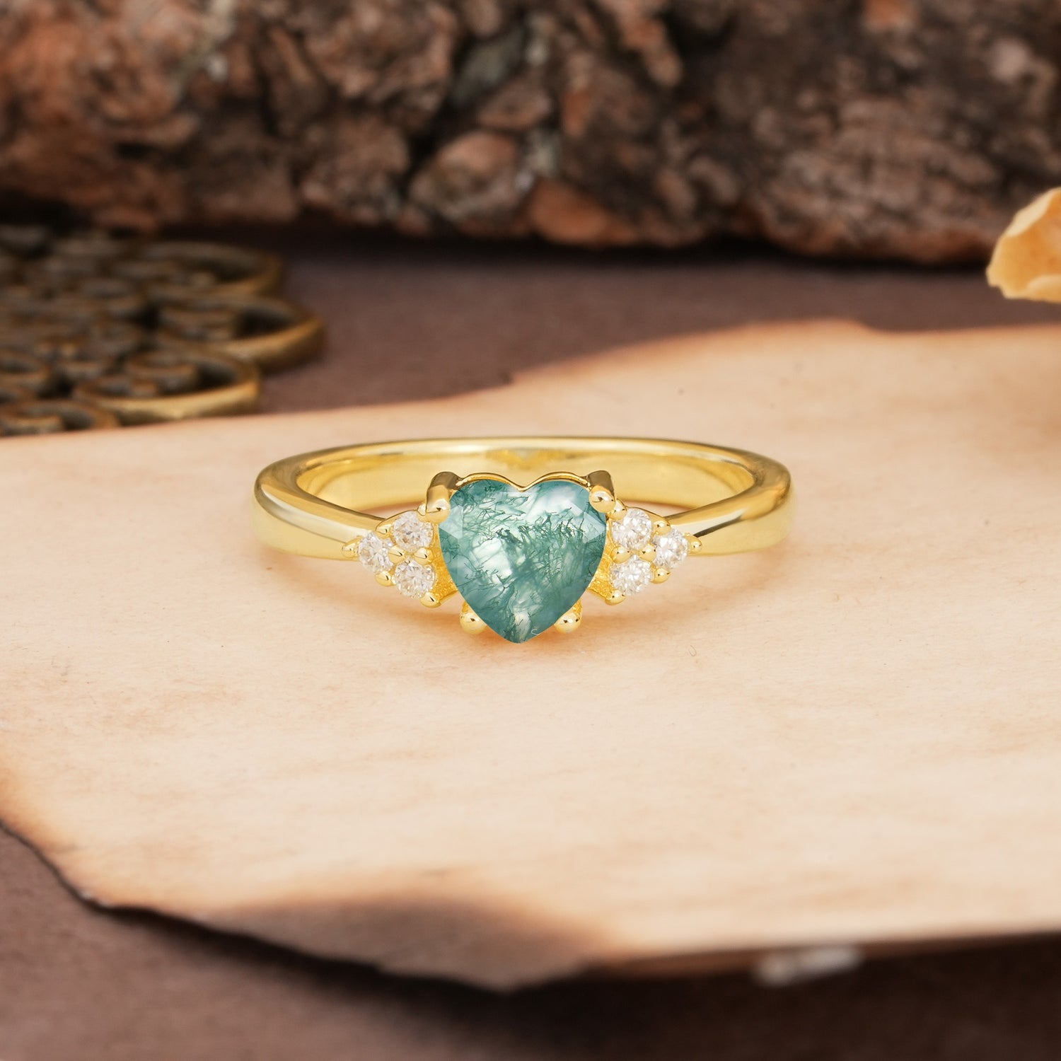Unique, Minimalist 4-Prong Heart-Cut Moss Agate Engagement Ring - Additional view