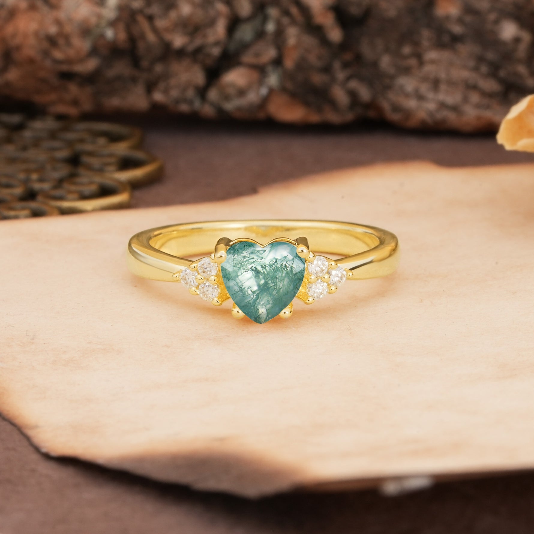 Unique, Minimalist 4-Prong Heart-Cut Moss Agate Engagement Ring - Additional view