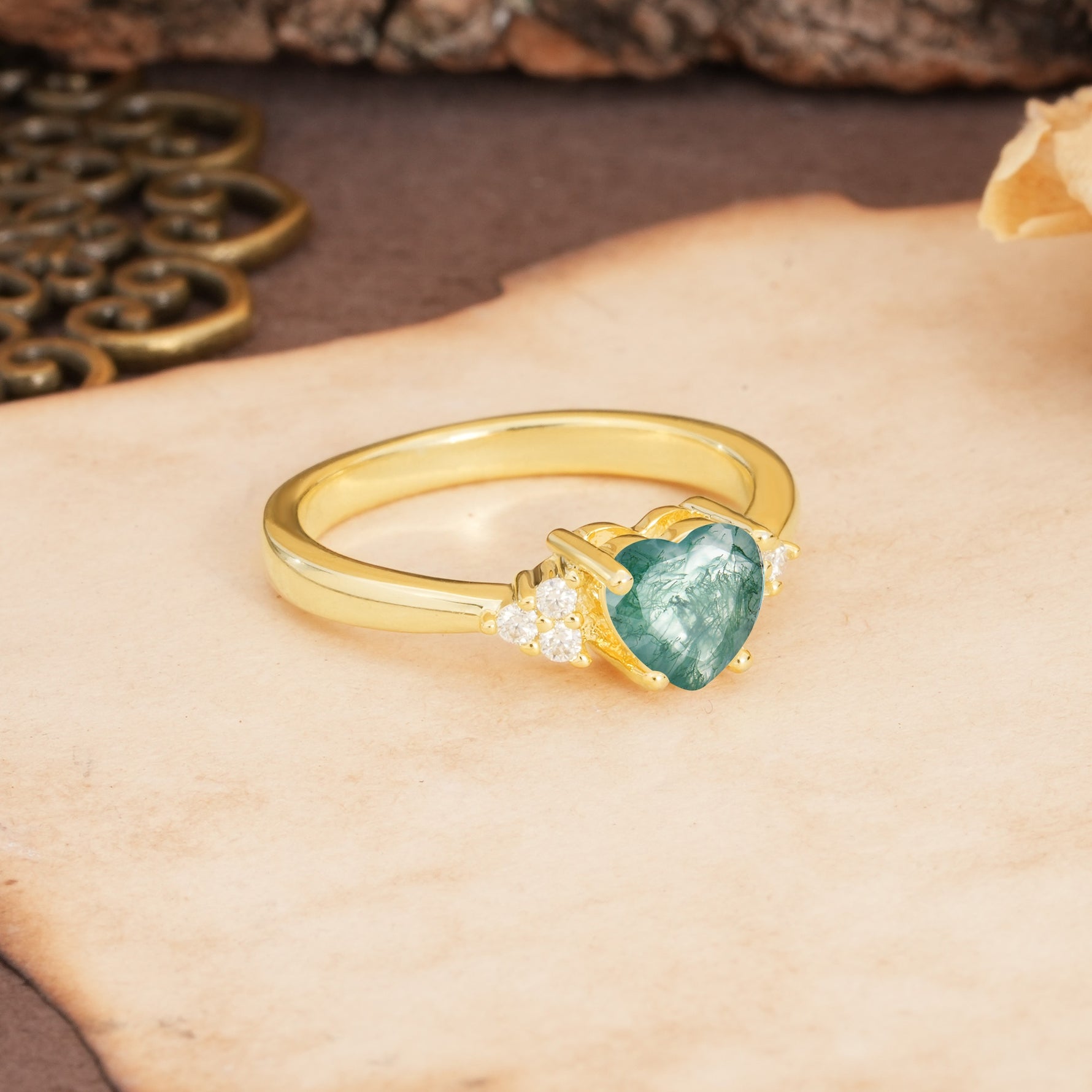 Unique, Minimalist 4-Prong Heart-Cut Moss Agate Engagement Ring - Additional view