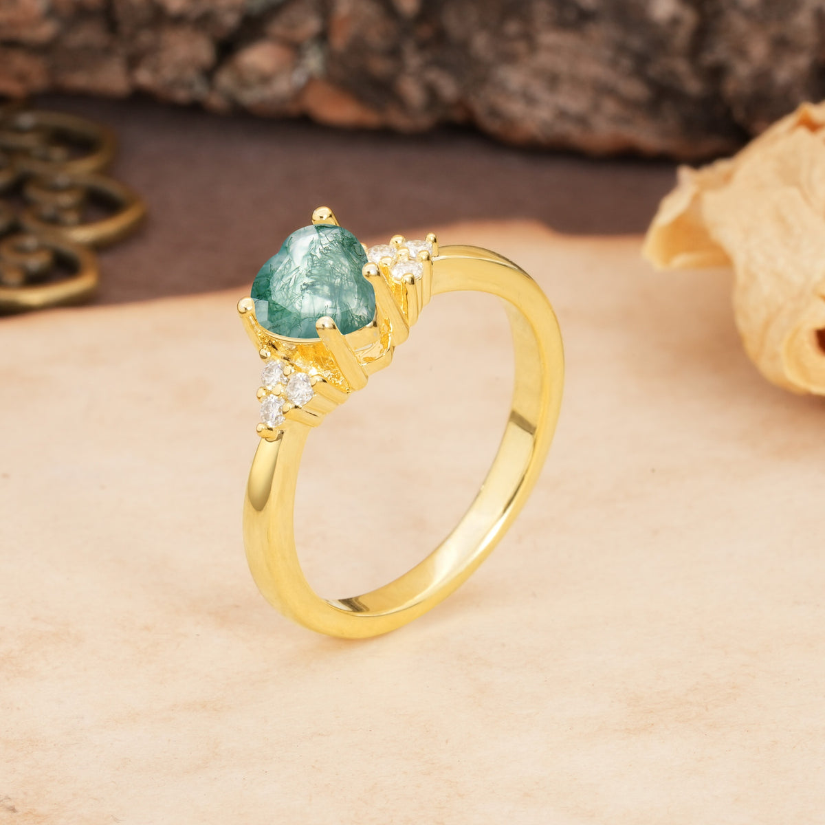 Unique, Minimalist 4-Prong Heart-Cut Moss Agate Engagement Ring - Additional view