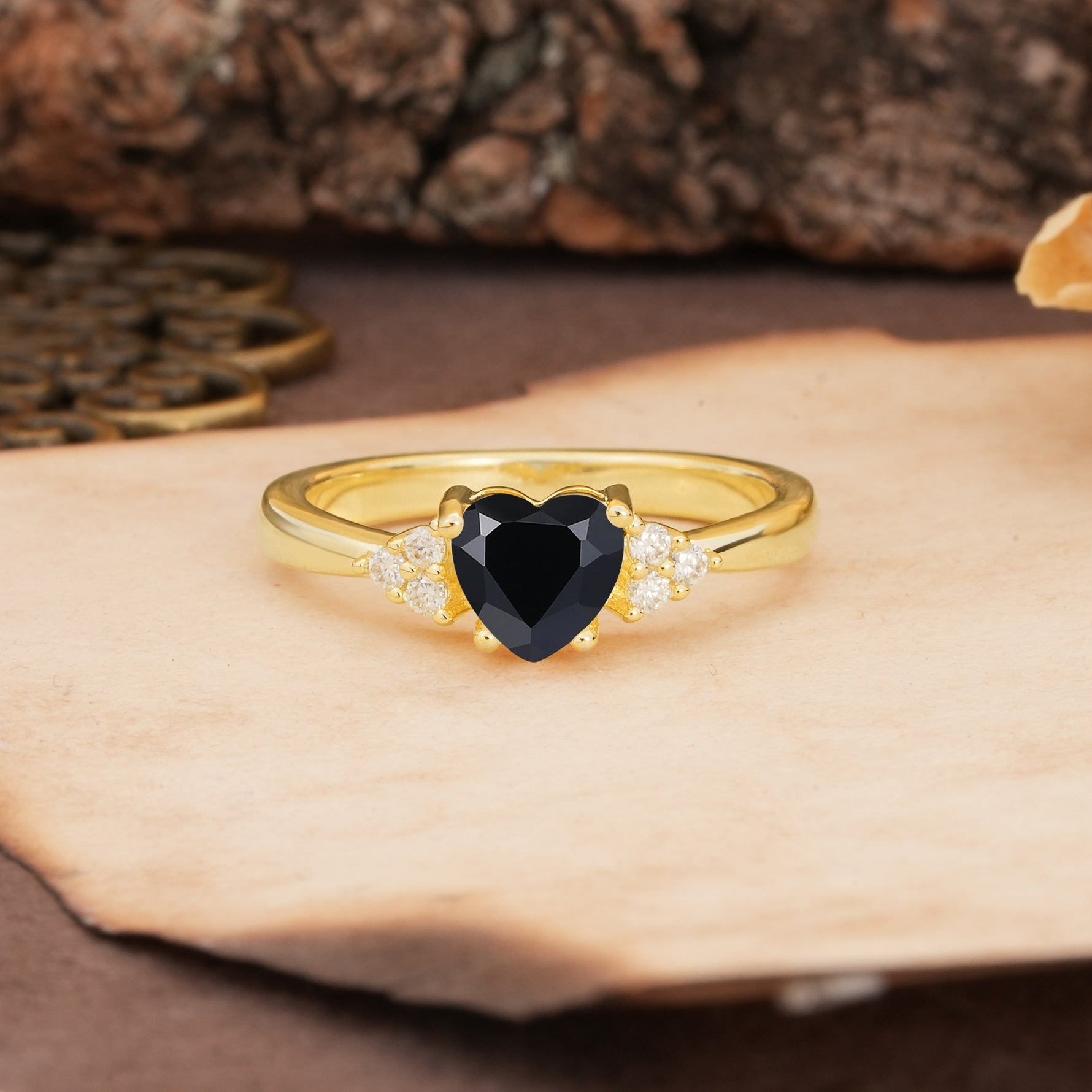 Unique, Minimalist 4-Prong Heart-Cut Black Onyx Engagement Ring - Additional view