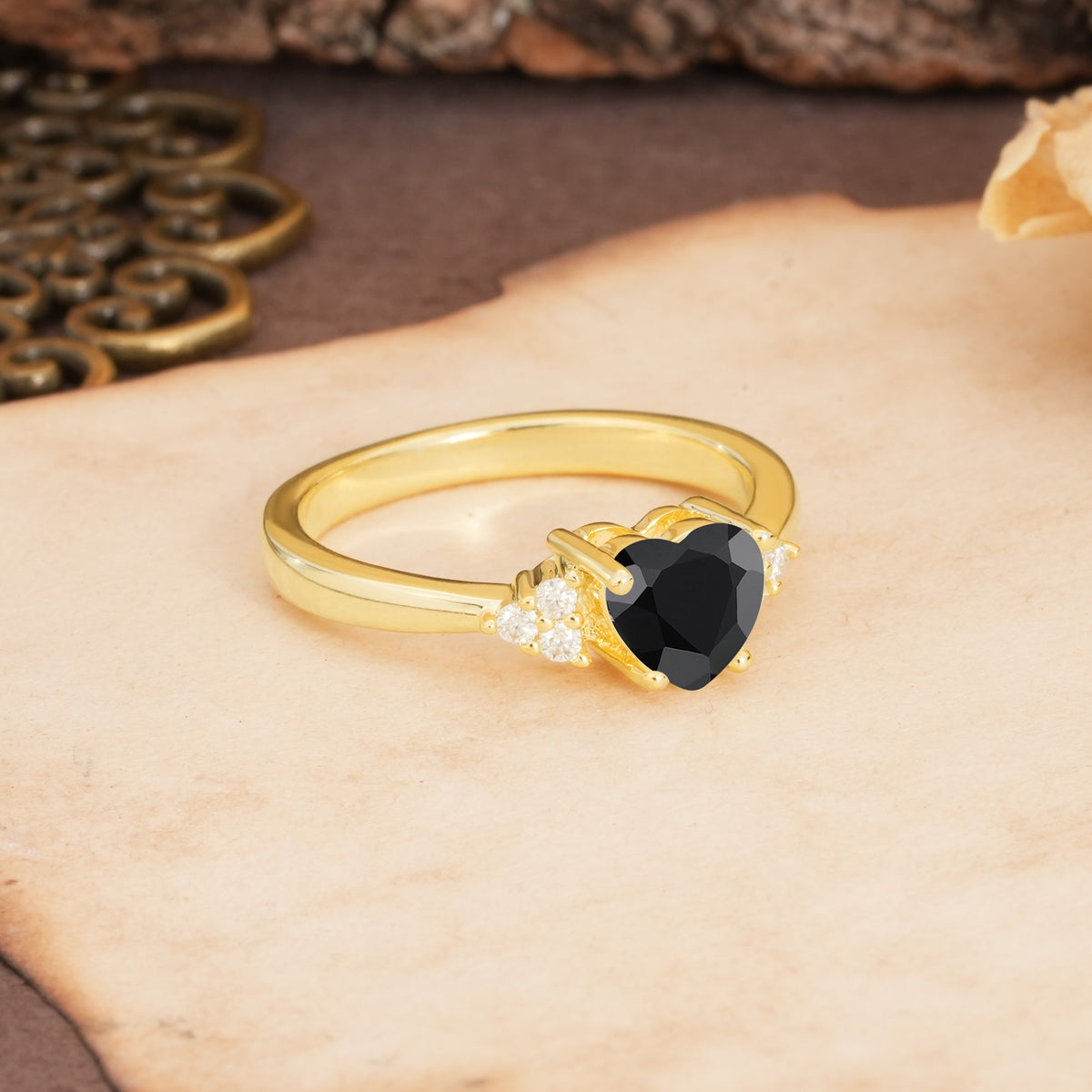 Unique, Minimalist 4-Prong Heart-Cut Black Onyx Engagement Ring - Additional view