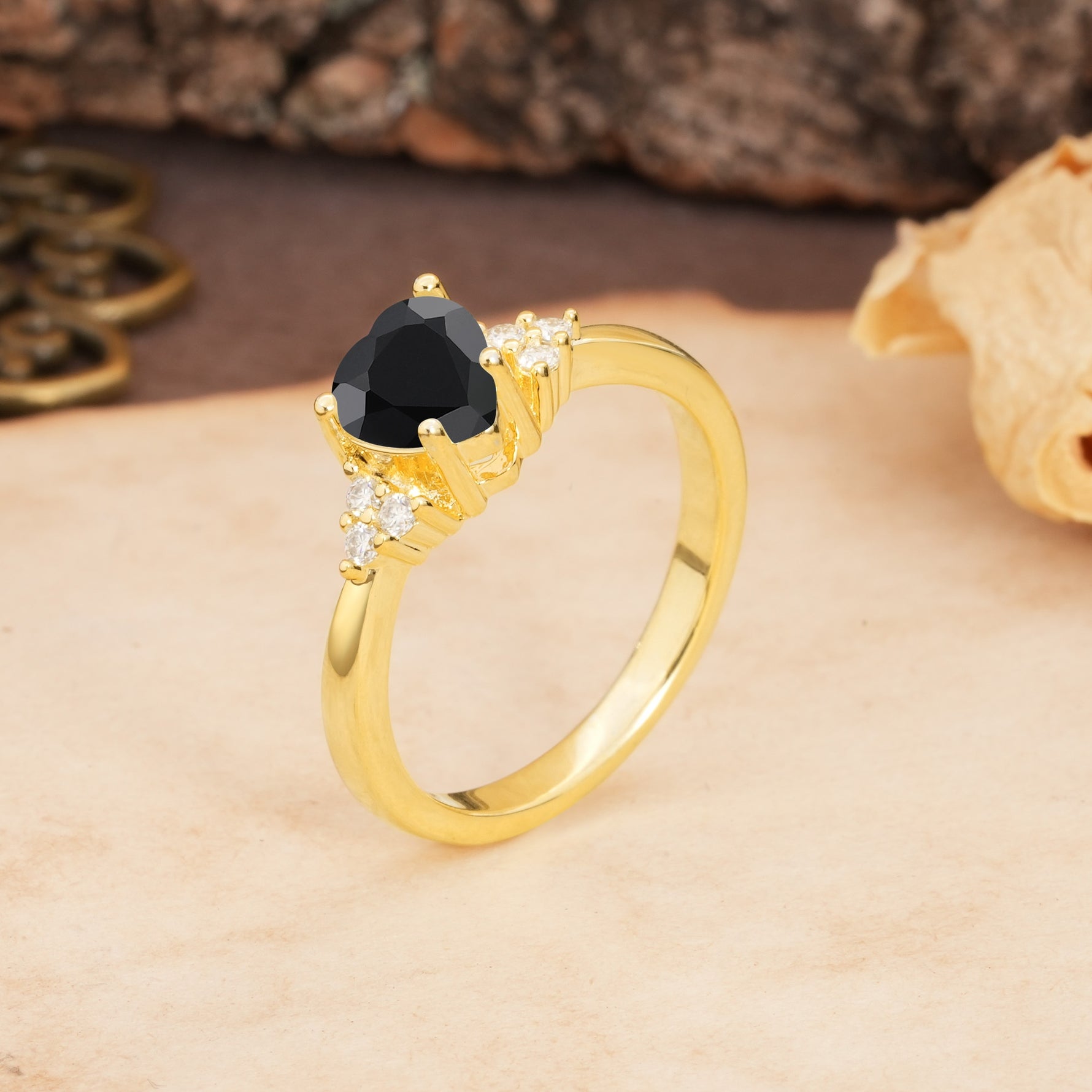 Unique, Minimalist 4-Prong Heart-Cut Black Onyx Engagement Ring - Additional view