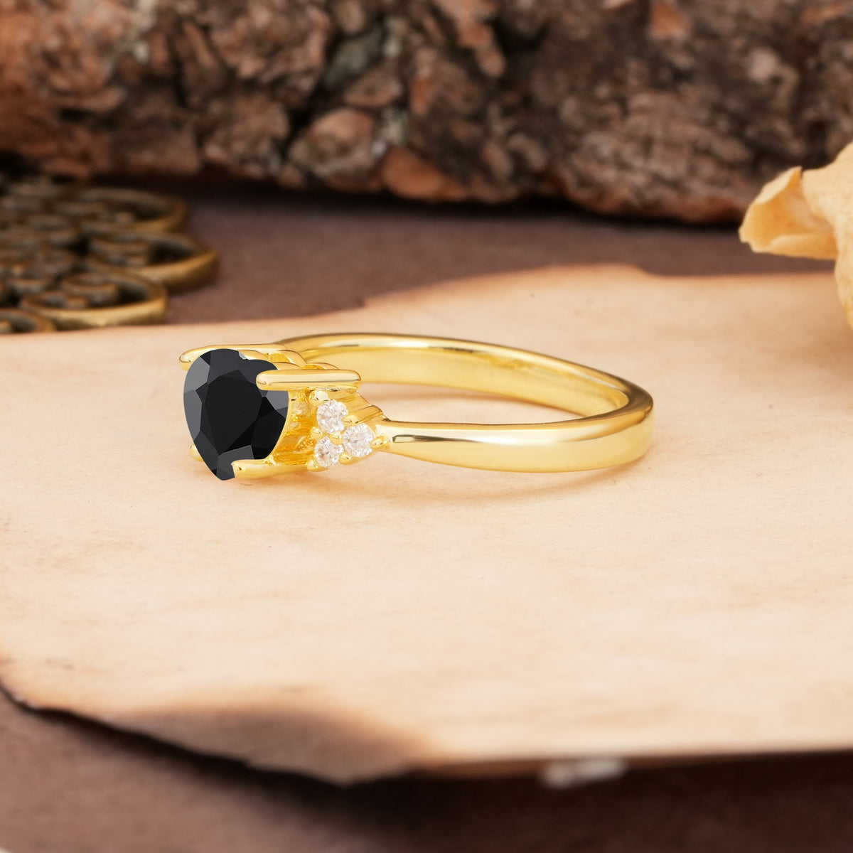 Unique, Minimalist 4-Prong Heart-Cut Black Onyx Engagement Ring - Additional view