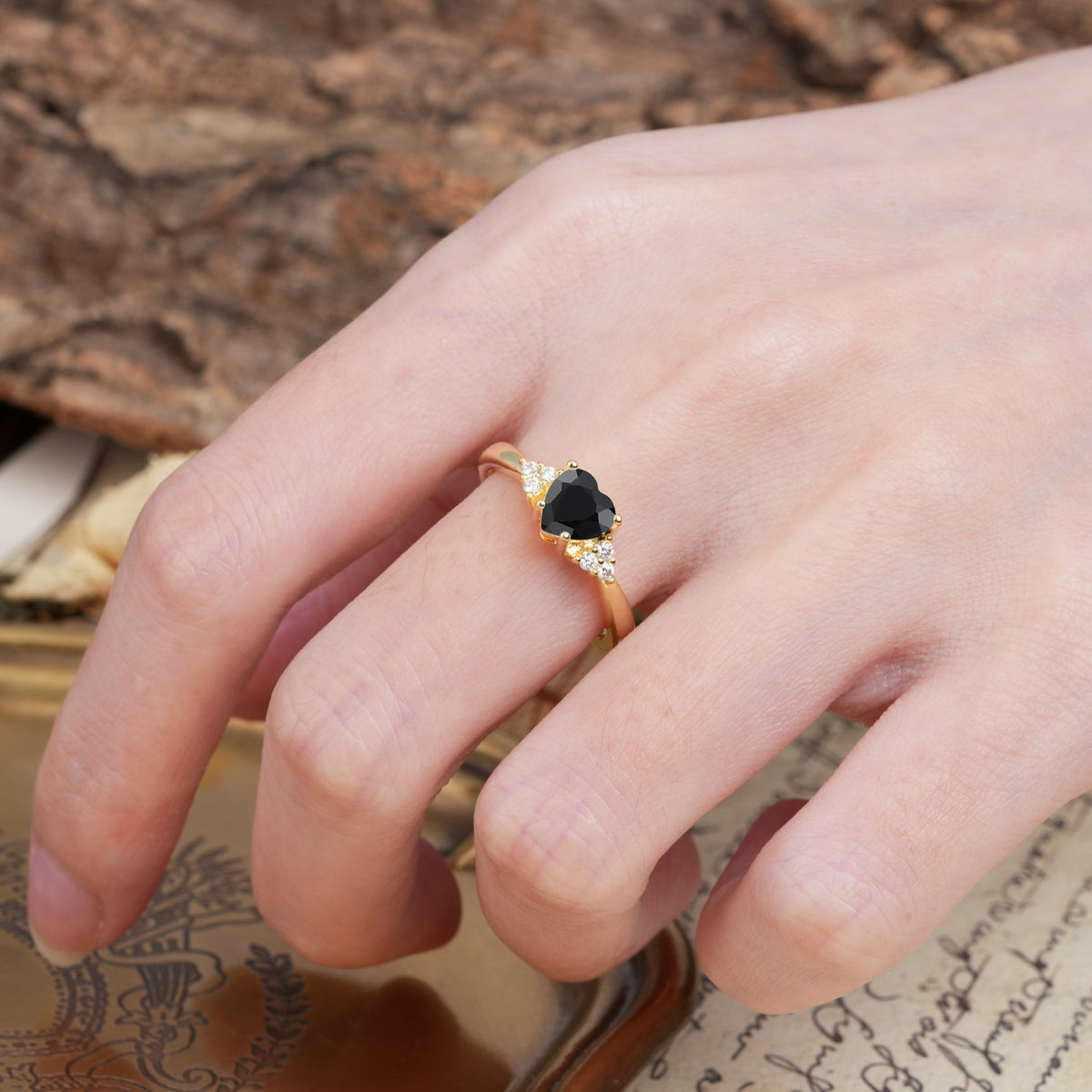Unique, Minimalist 4-Prong Heart-Cut Black Onyx Engagement Ring - Additional view