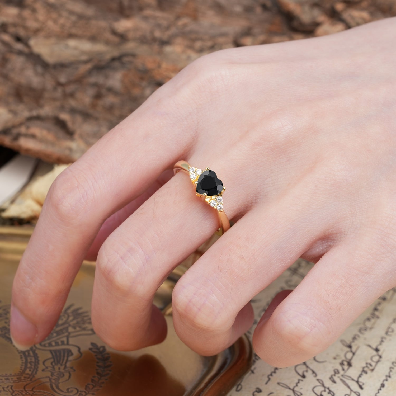 Unique, Minimalist 4-Prong Heart-Cut Black Onyx Engagement Ring - Additional view