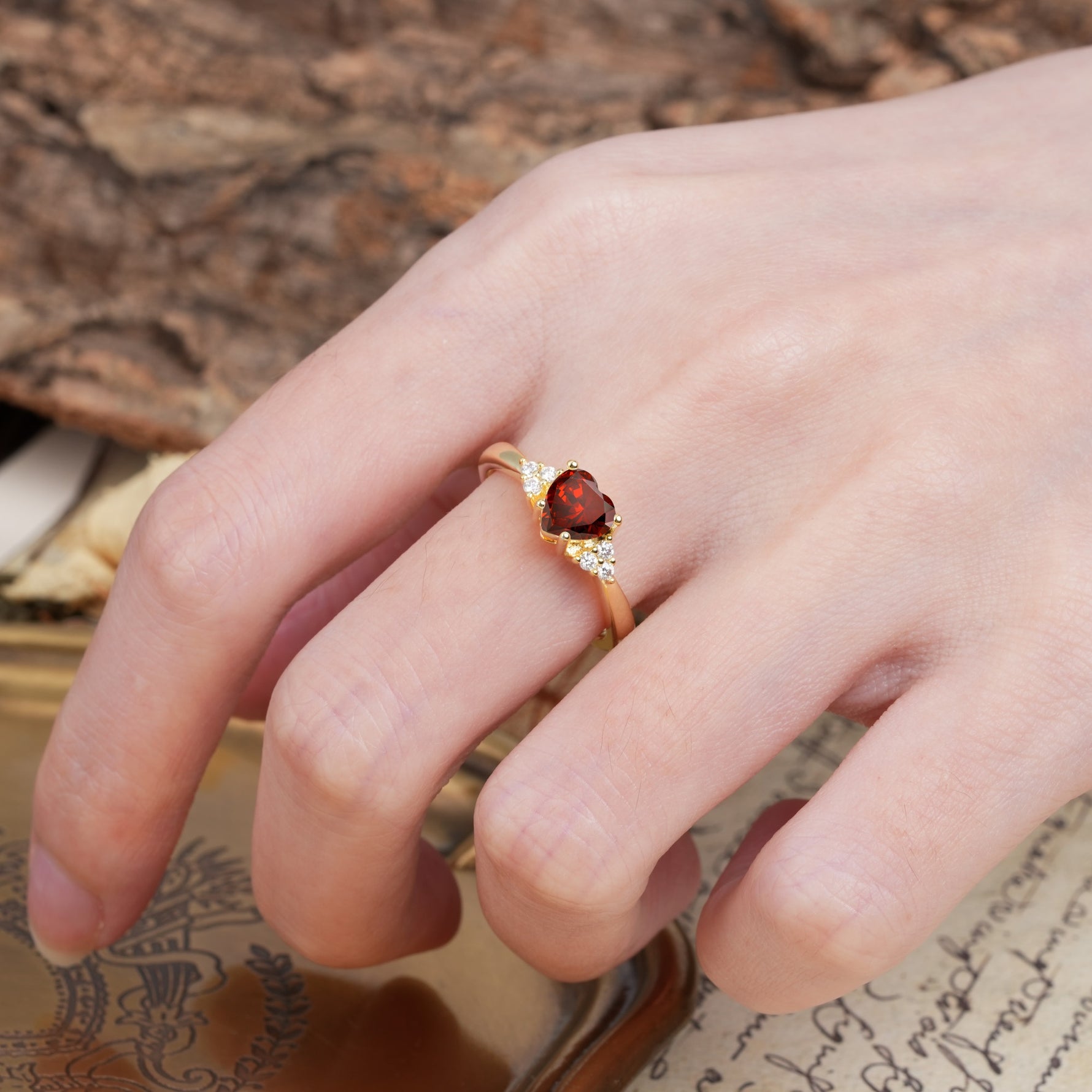 Unique, Minimalist 4-Prong Heart-Cut Garnet Engagement Ring - Additional view