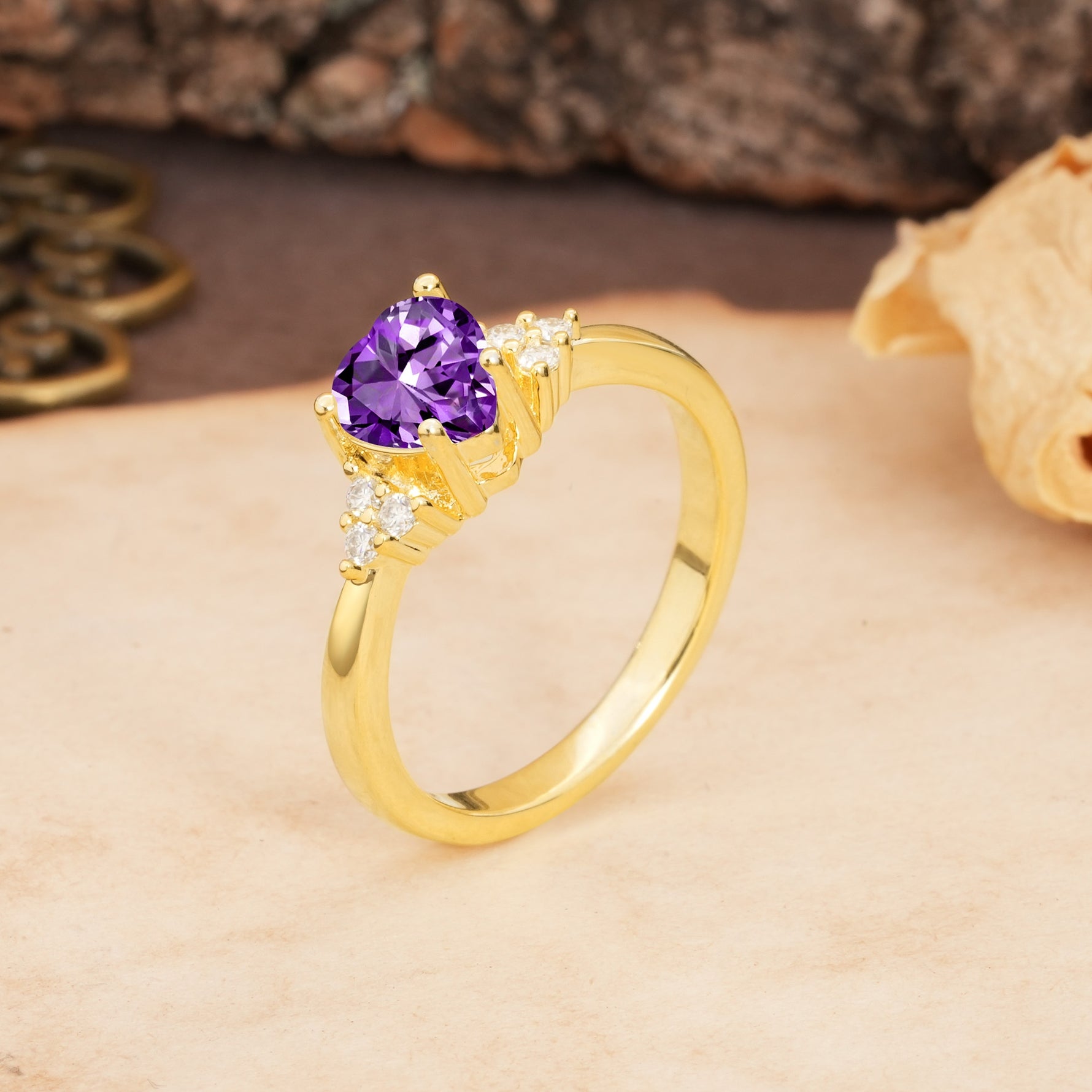 Unique, Minimalist 4-Prong Heart-Cut Amethyst Engagement Ring - Additional view