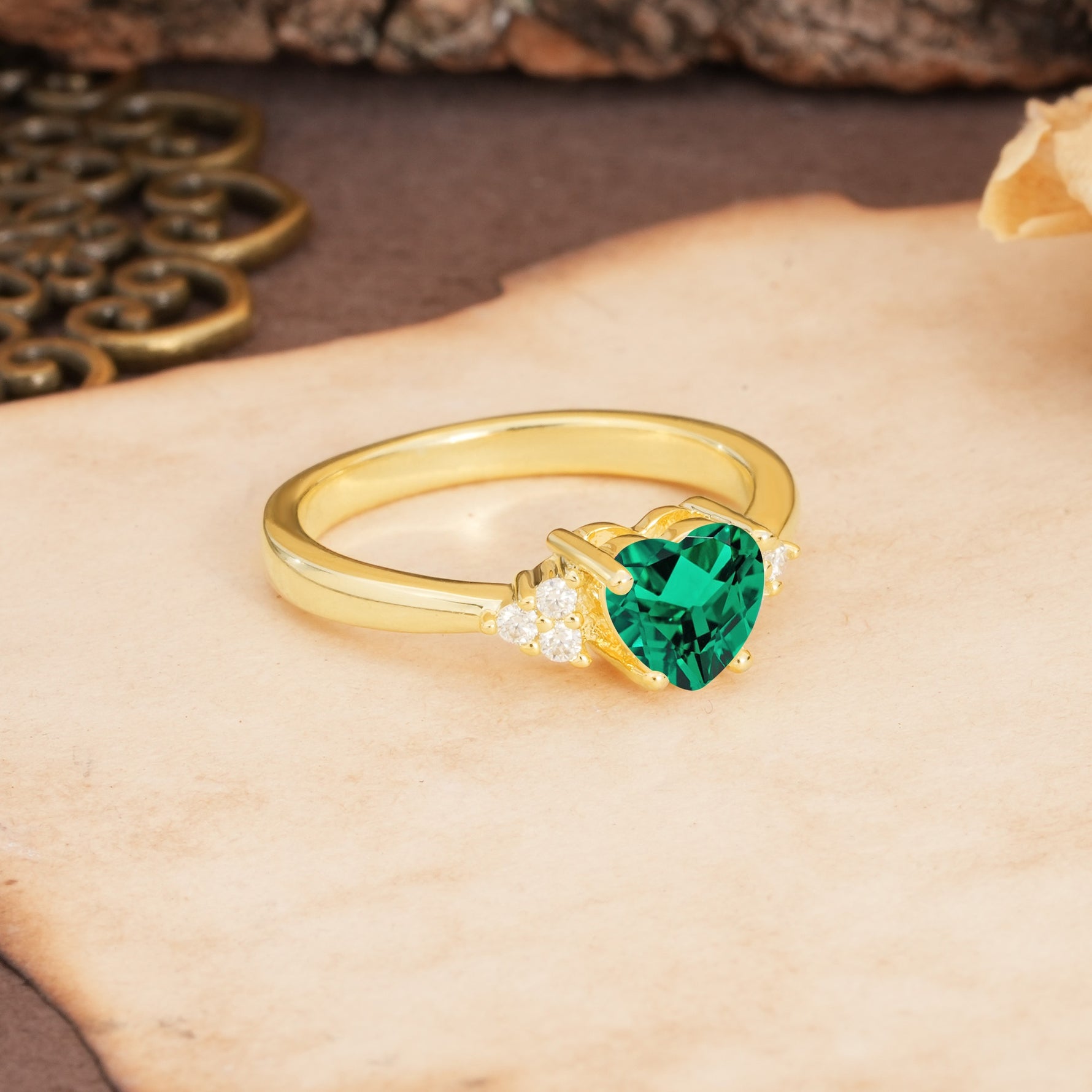 Unique, Minimalist 4-Prong Heart-Cut Emerald Engagement Ring - Additional view