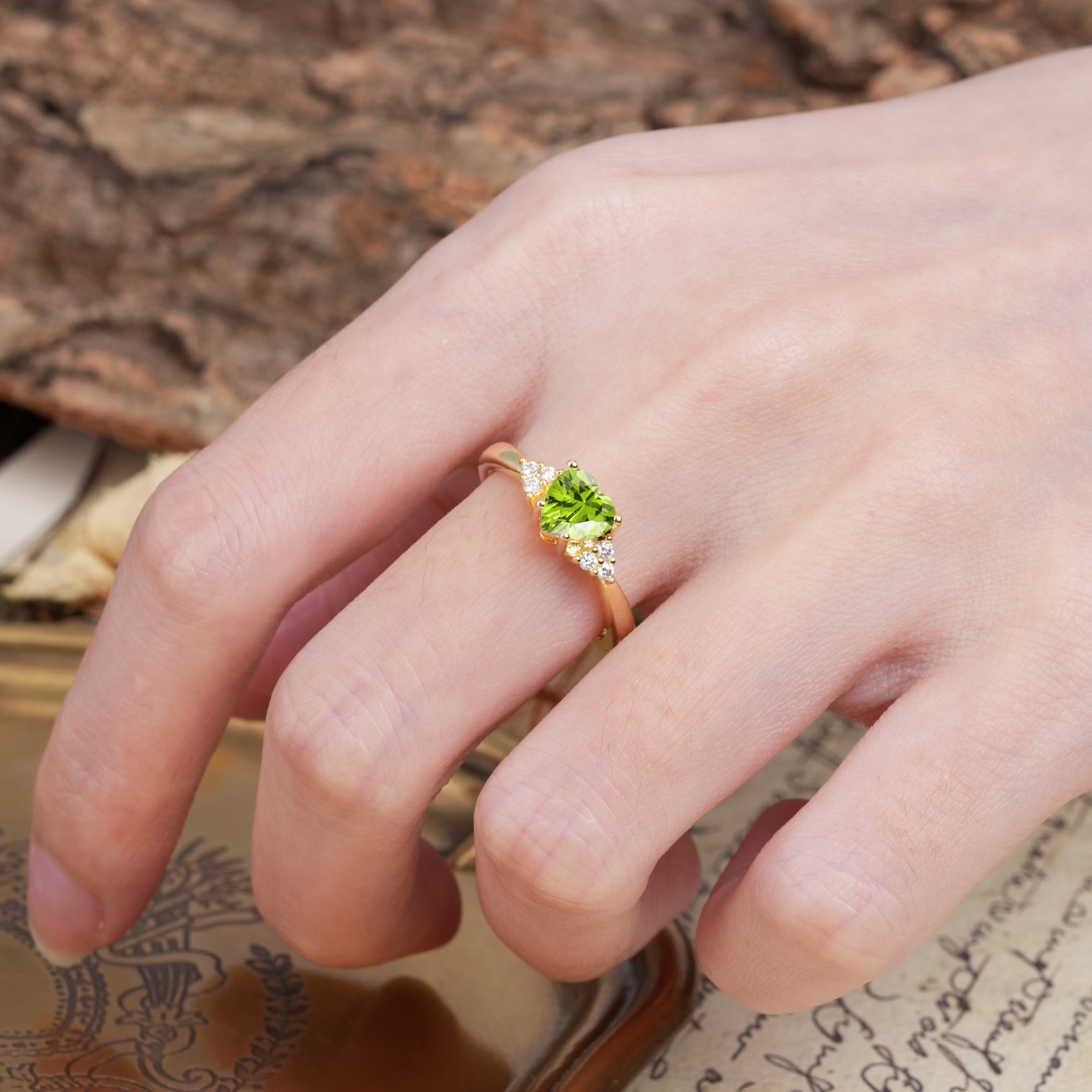 Unique, Minimalist 4-Prong Heart-Cut Peridot Engagement Ring - Additional view