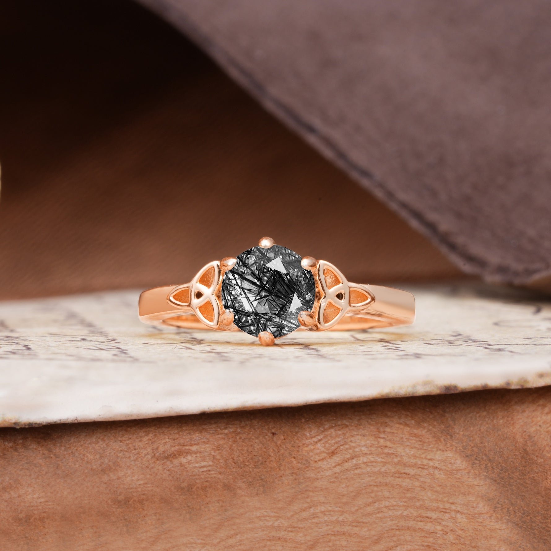 Unique Luxurious 4-Prong Oval Cut Black Rutilated Quartz Engagement Ring - Additional view