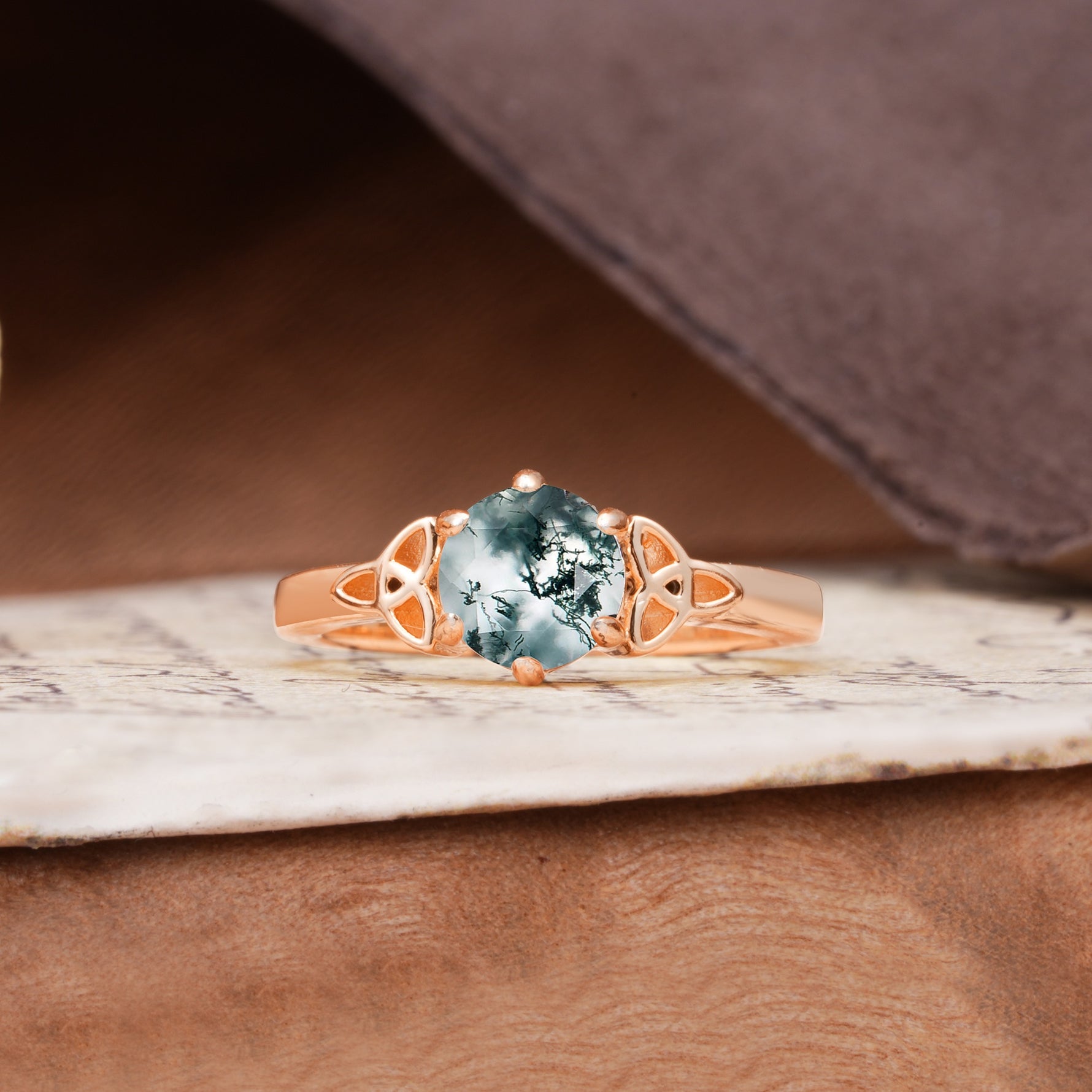 Unique Luxurious 4-Prong Oval Cut Moss Agate Engagement Ring - Additional view