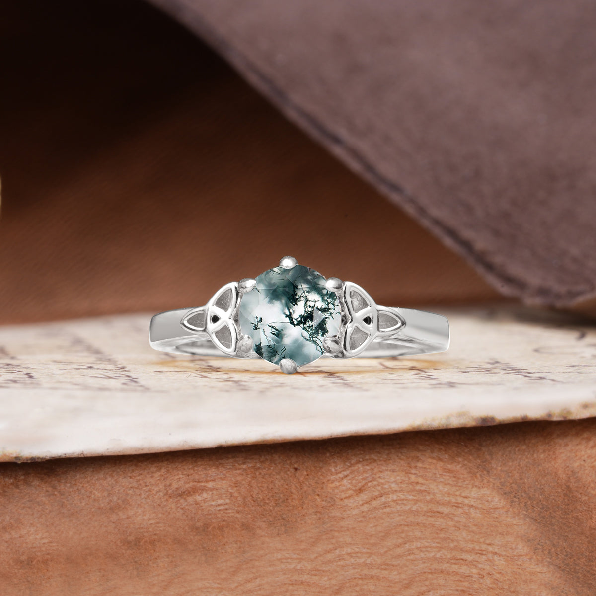 Unique Luxurious 4-Prong Oval Cut Moss Agate Engagement Ring - Additional view