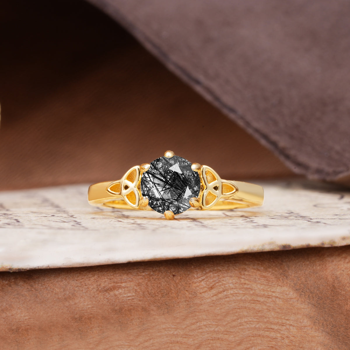 Unique Luxurious 4-Prong Oval Cut Black Rutilated Quartz Engagement Ring - Additional view