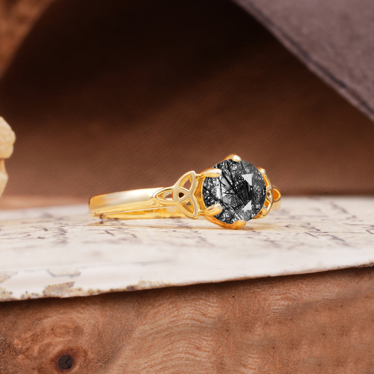 Unique Luxurious 4-Prong Oval Cut Black Rutilated Quartz Engagement Ring - Additional view