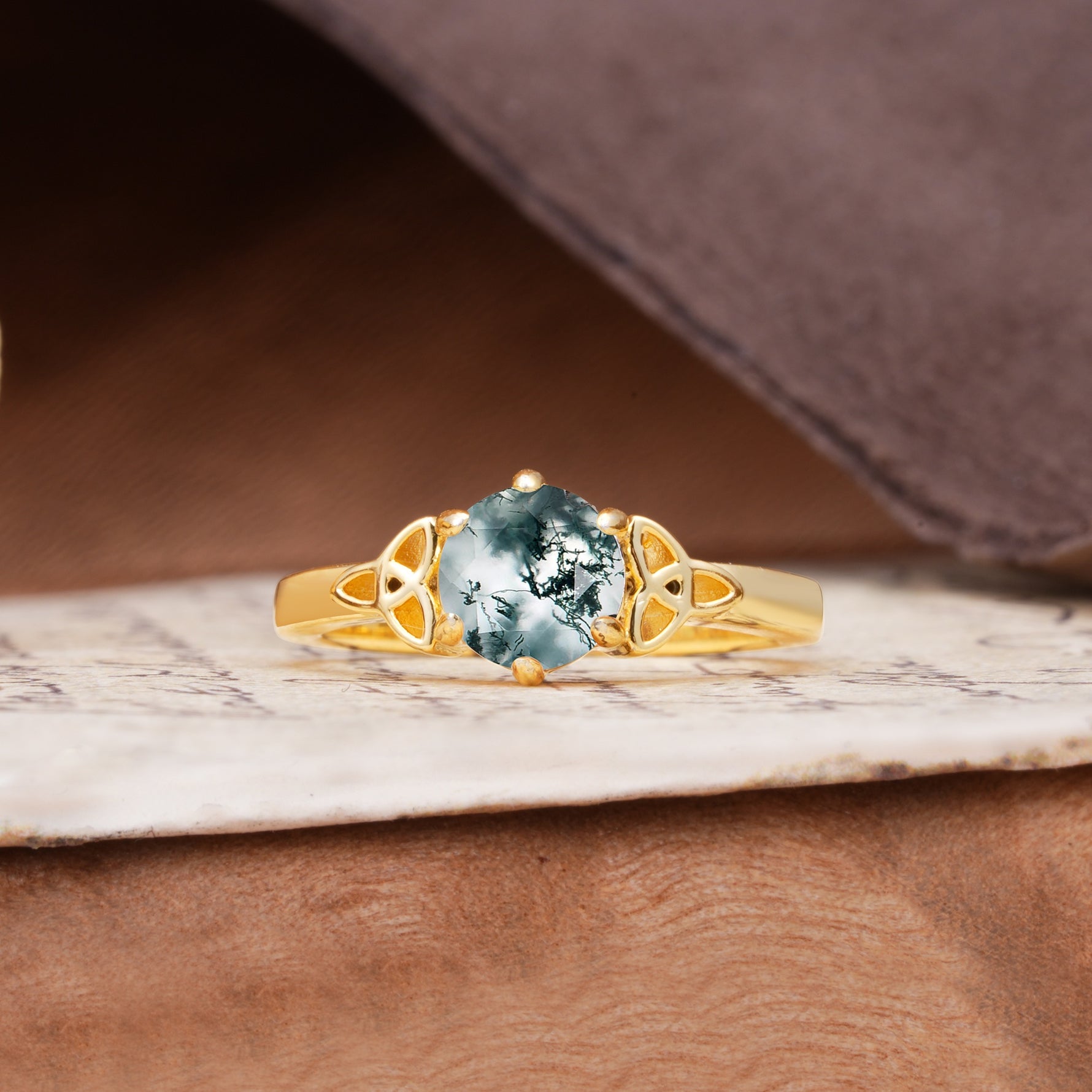 Unique Luxurious 4-Prong Oval Cut Moss Agate Engagement Ring - Additional view