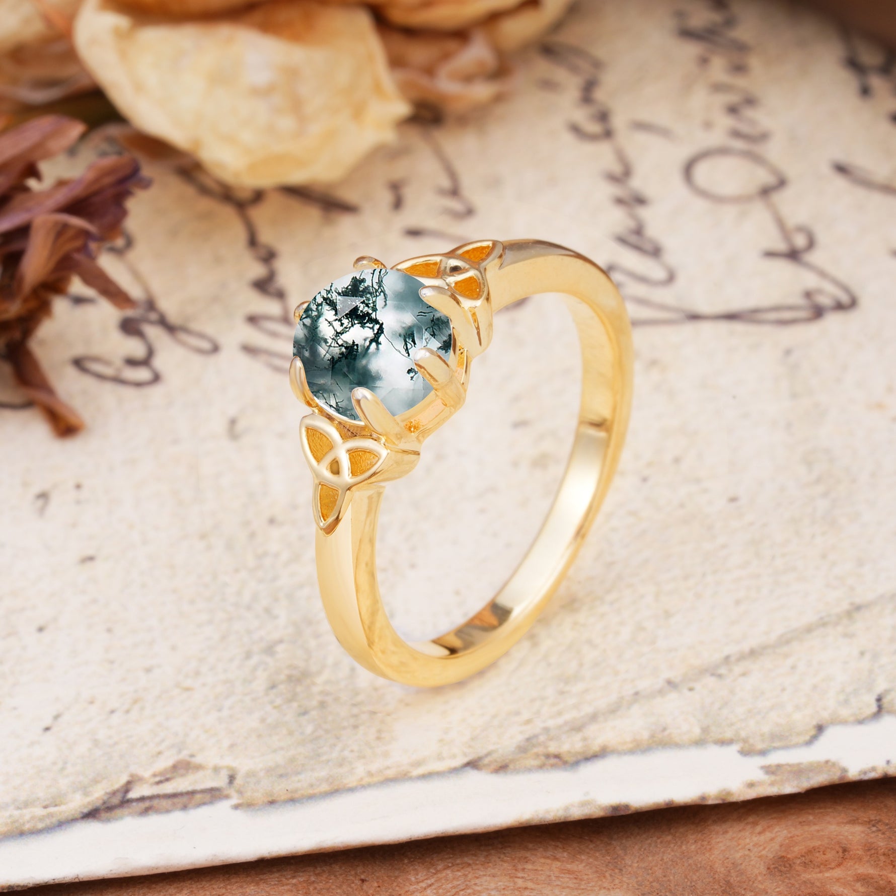 Unique Luxurious 4-Prong Oval Cut Moss Agate Engagement Ring - Additional view
