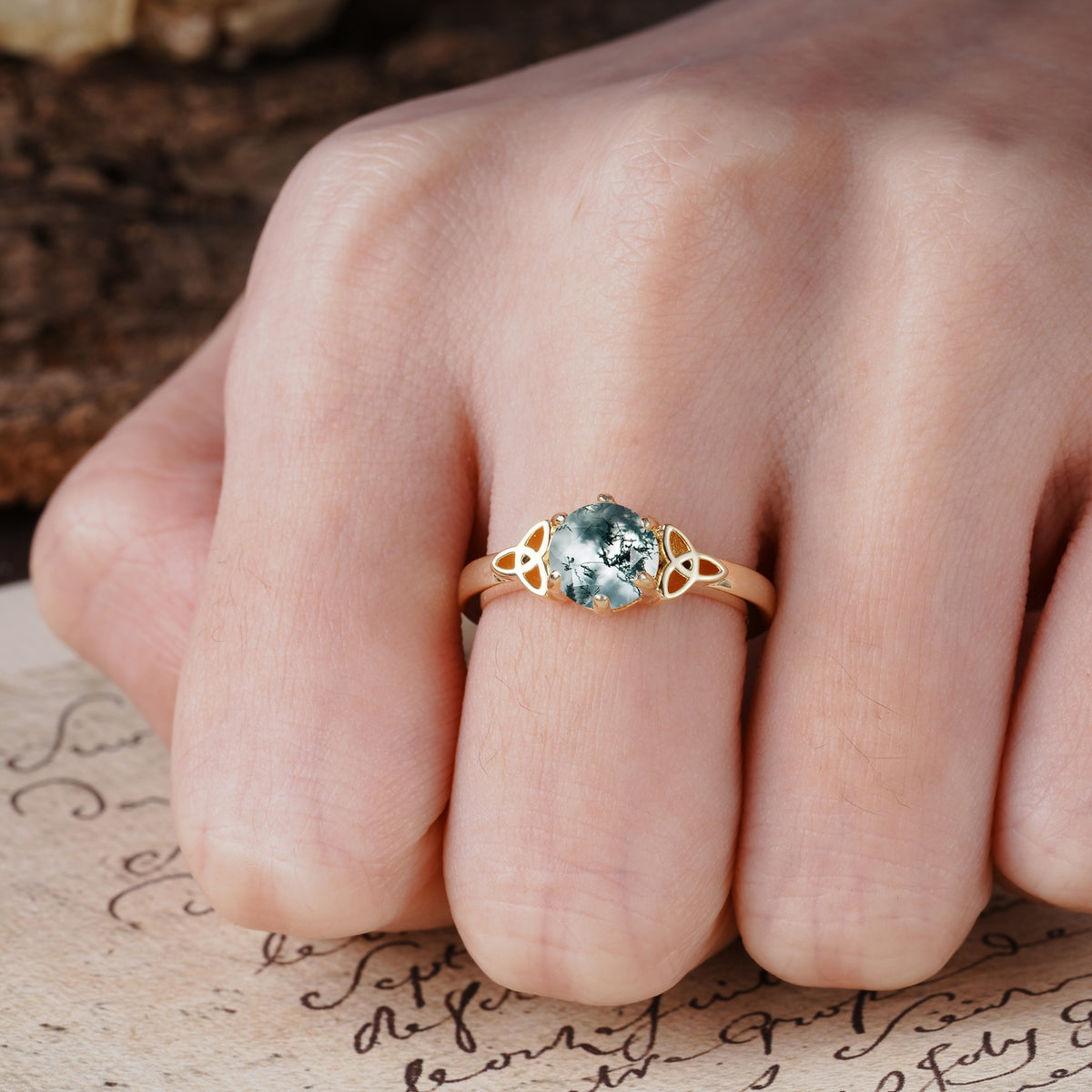 Unique Luxurious 4-Prong Oval Cut Moss Agate Engagement Ring - Additional view