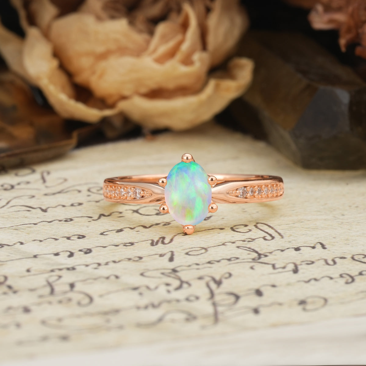 Classic Vintage 6-Prong Oval Cut Fire Opal Engagement Ring - Additional view