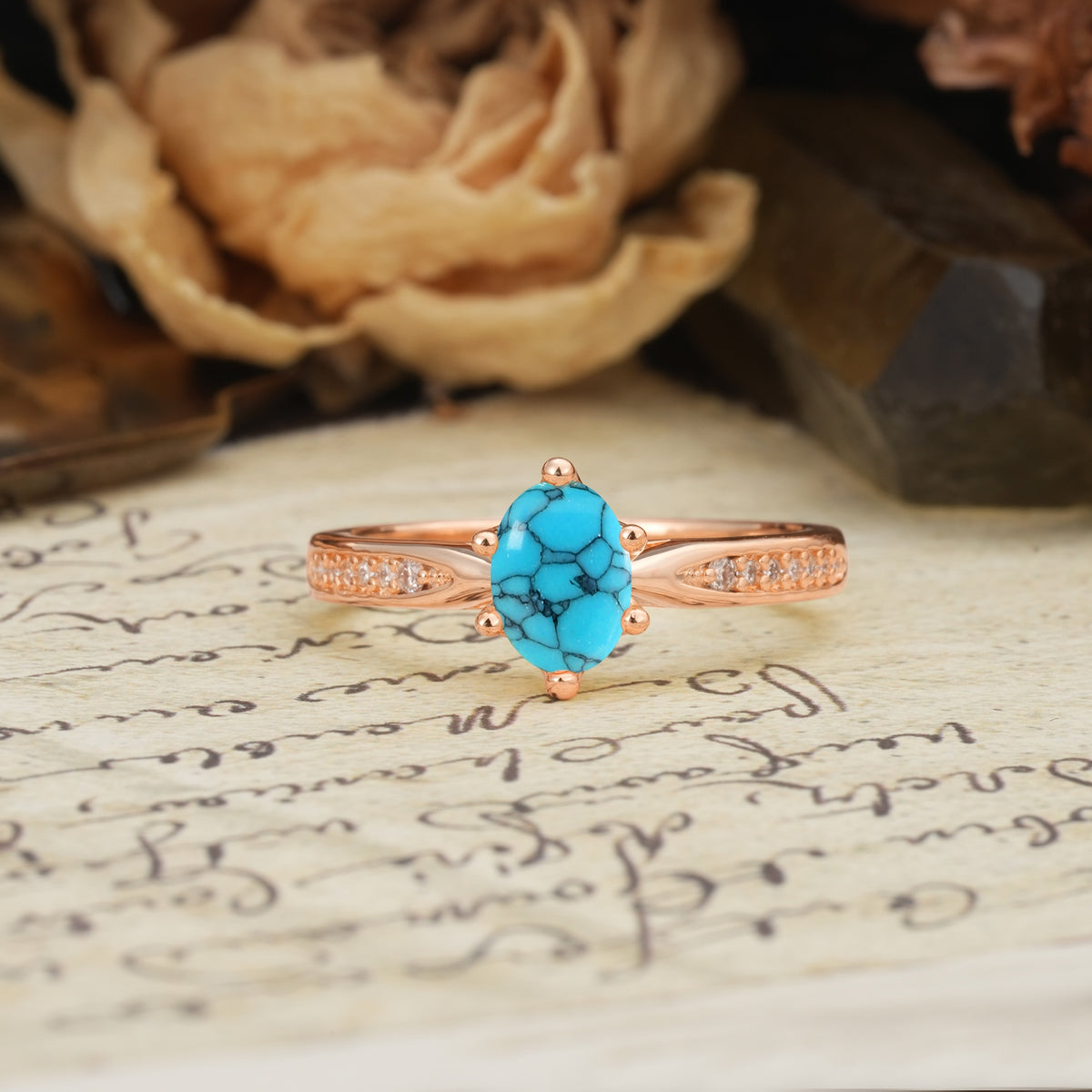 Classic Vintage 6-Prong Oval Cut Turquoise Engagement Ring - Additional view