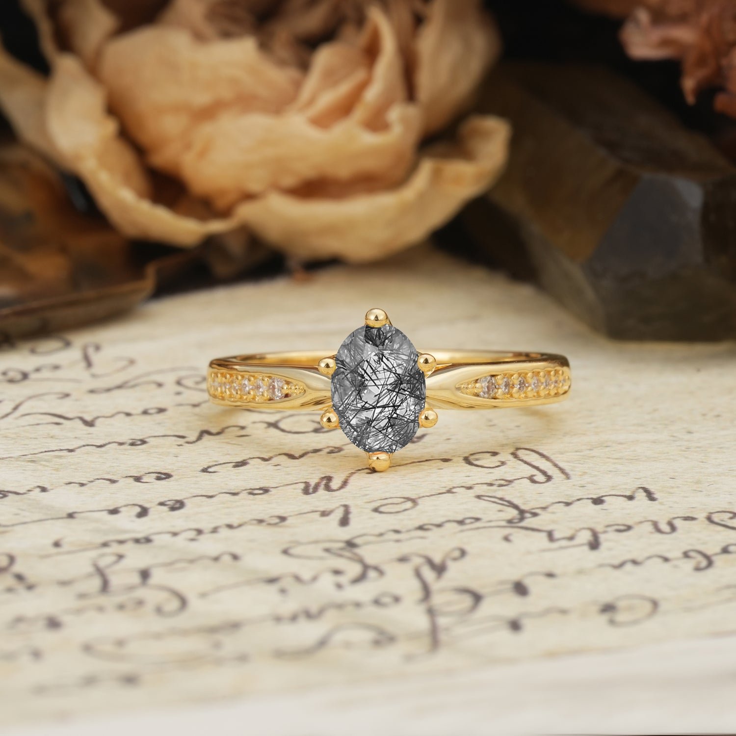 Classic Vintage 6-Prong Oval Cut Black Rutilated Quartz Engagement Ring