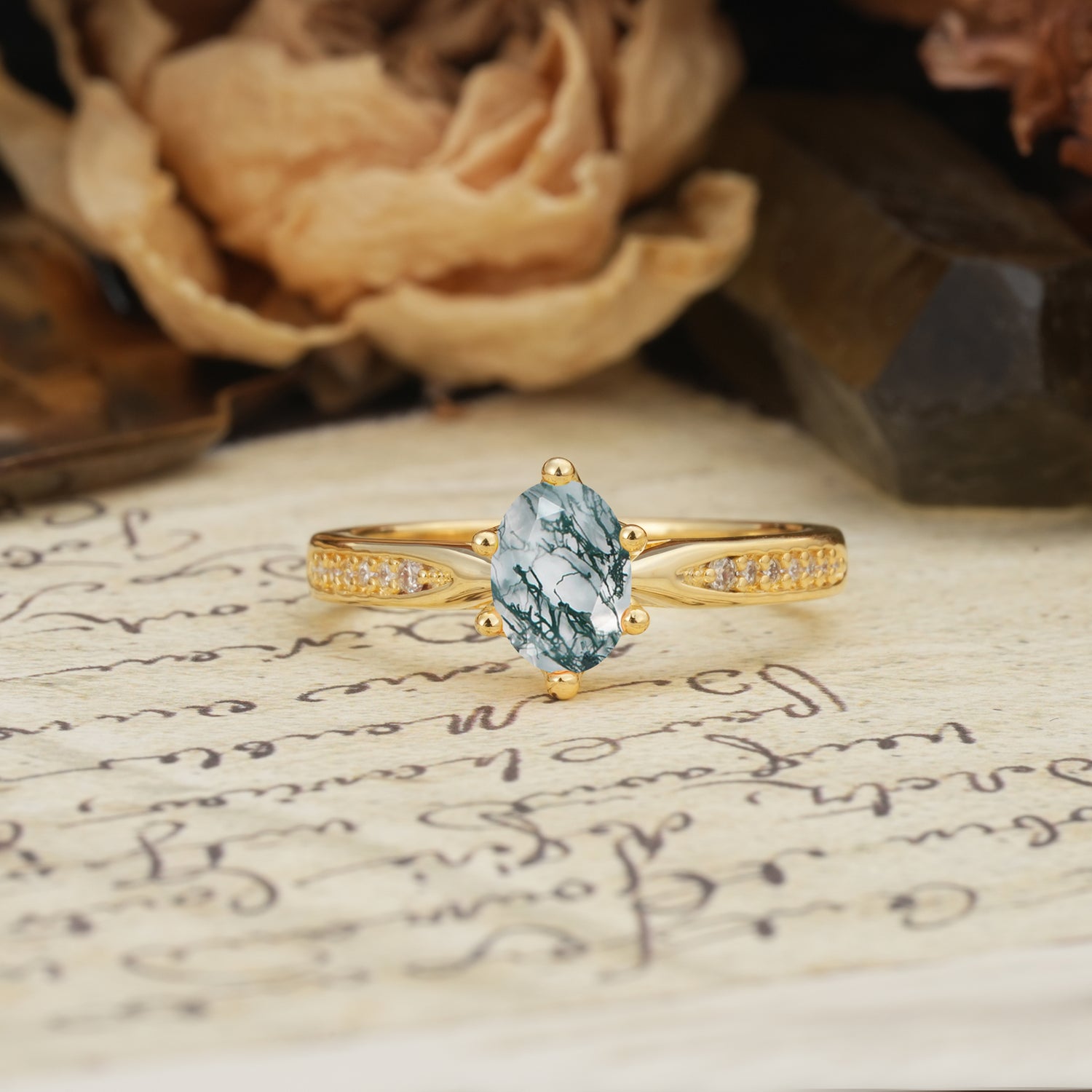 Classic Vintage 6-Prong Oval Cut Moss Agate Engagement Ring