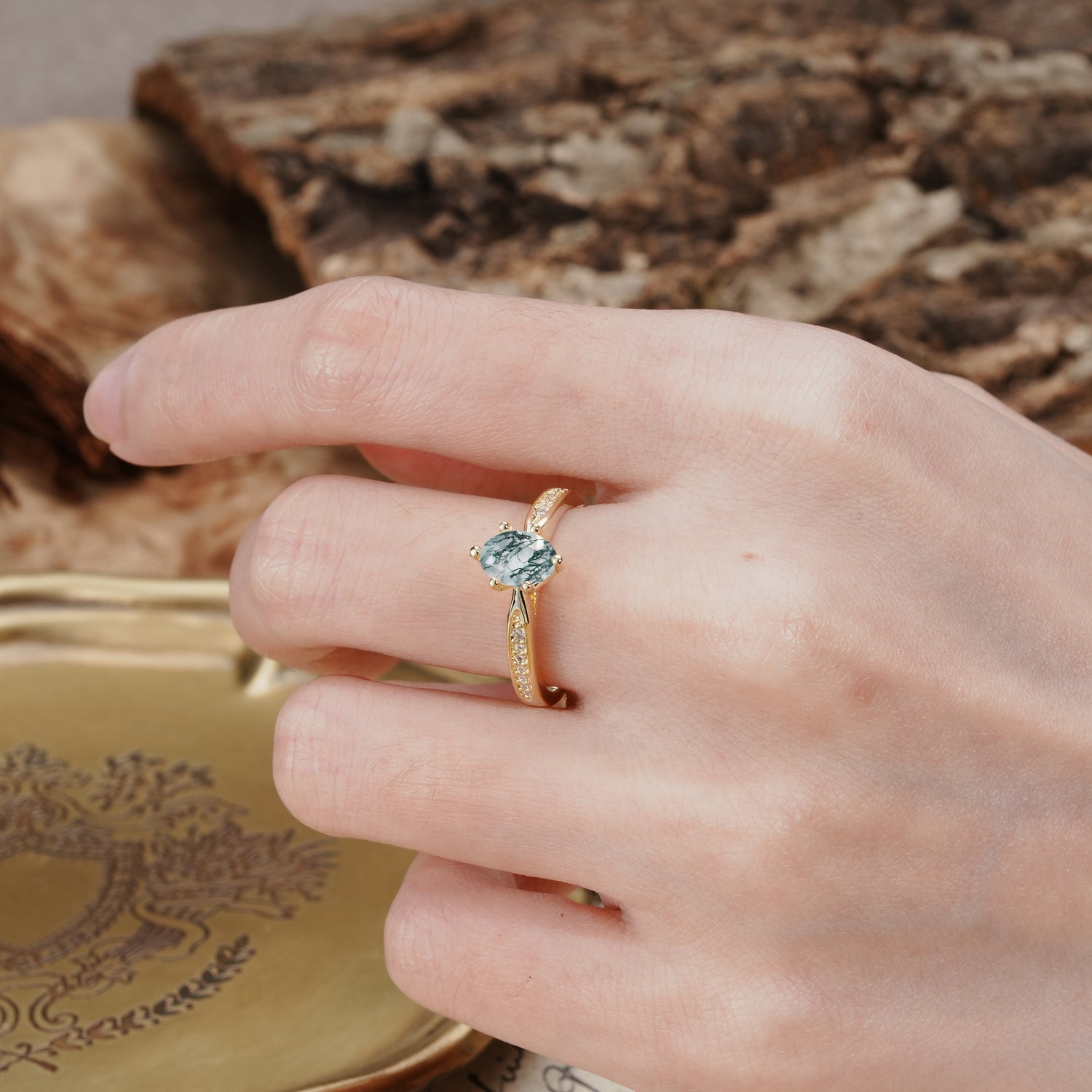 Classic Vintage 6-Prong Oval Cut Moss Agate Engagement Ring