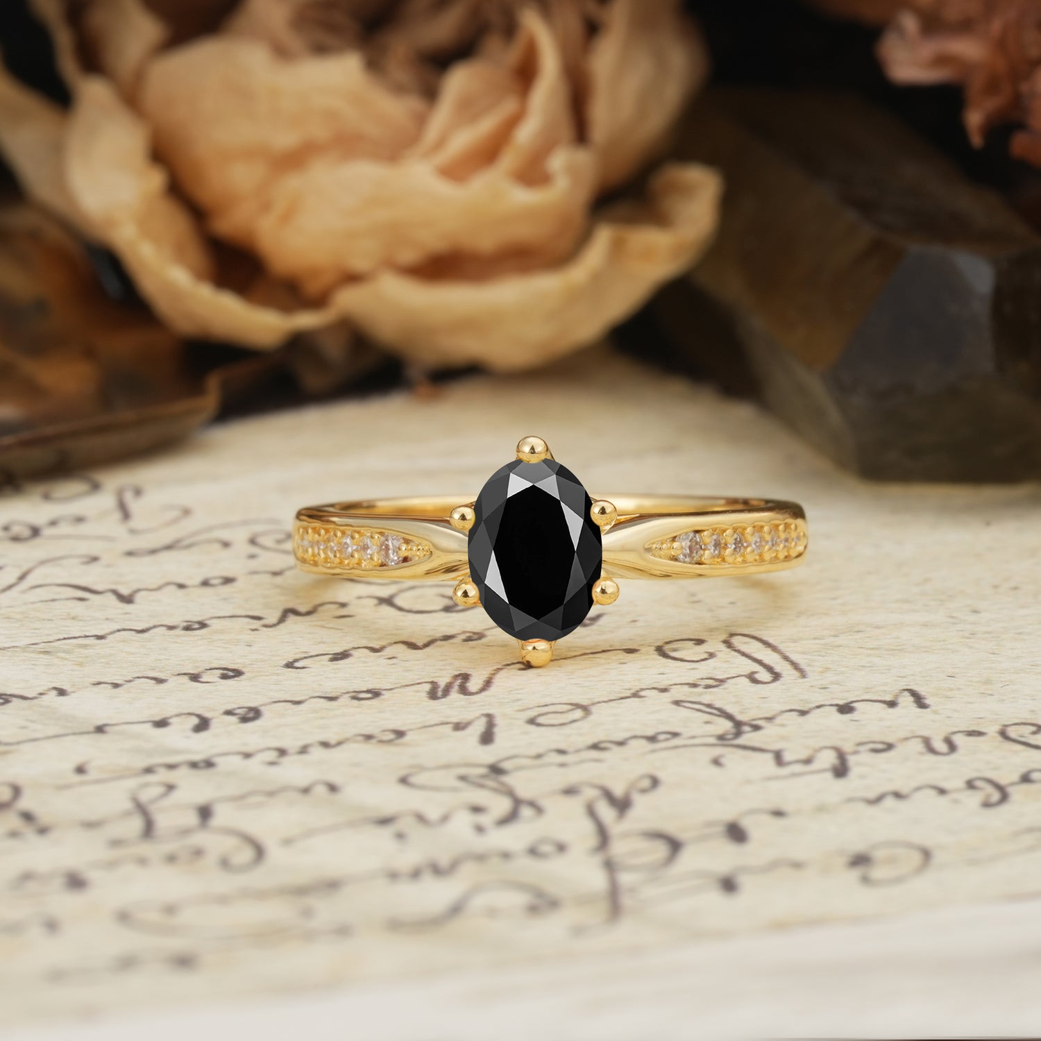 Classic Vintage 6-Prong Oval Cut Black Onyx Engagement Ring