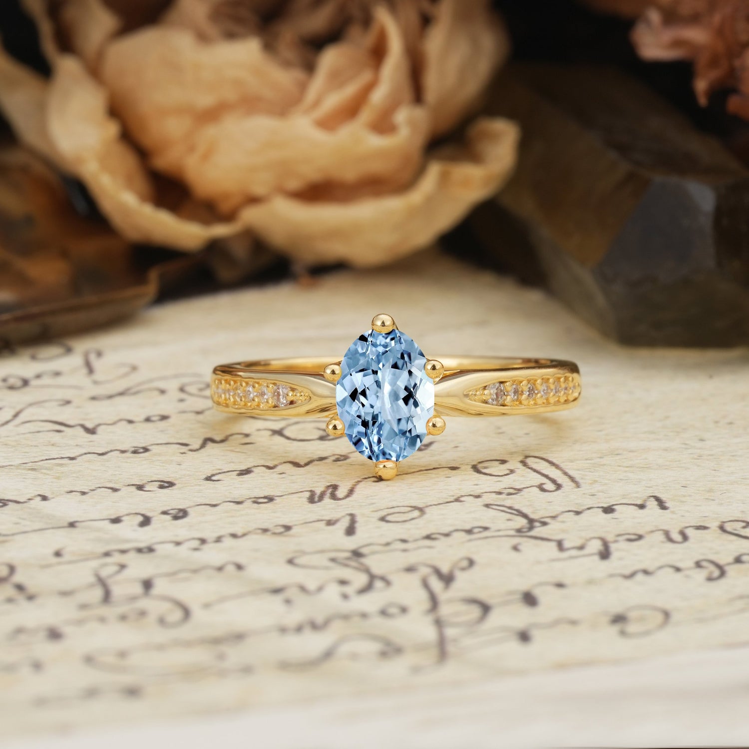 Classic Vintage 6-Prong Oval Cut Aquamarine Engagement Ring